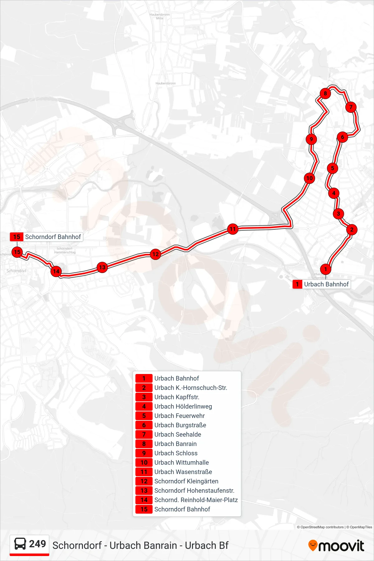 Linie 249 (Bus) Richtung Schorndorf Bf: Route und Haltestellen auf der Karte