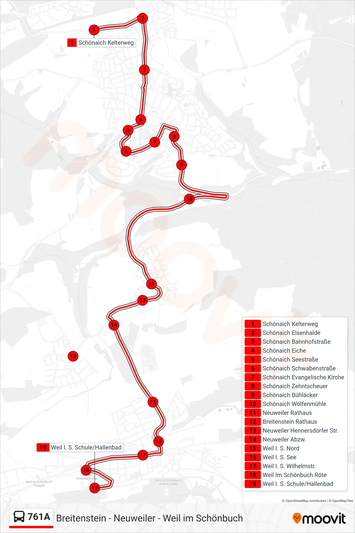Linie 761A (Bus) Richtung Weil I. S. Schule/Hallenbad: Route und Haltestellen auf der Karte
