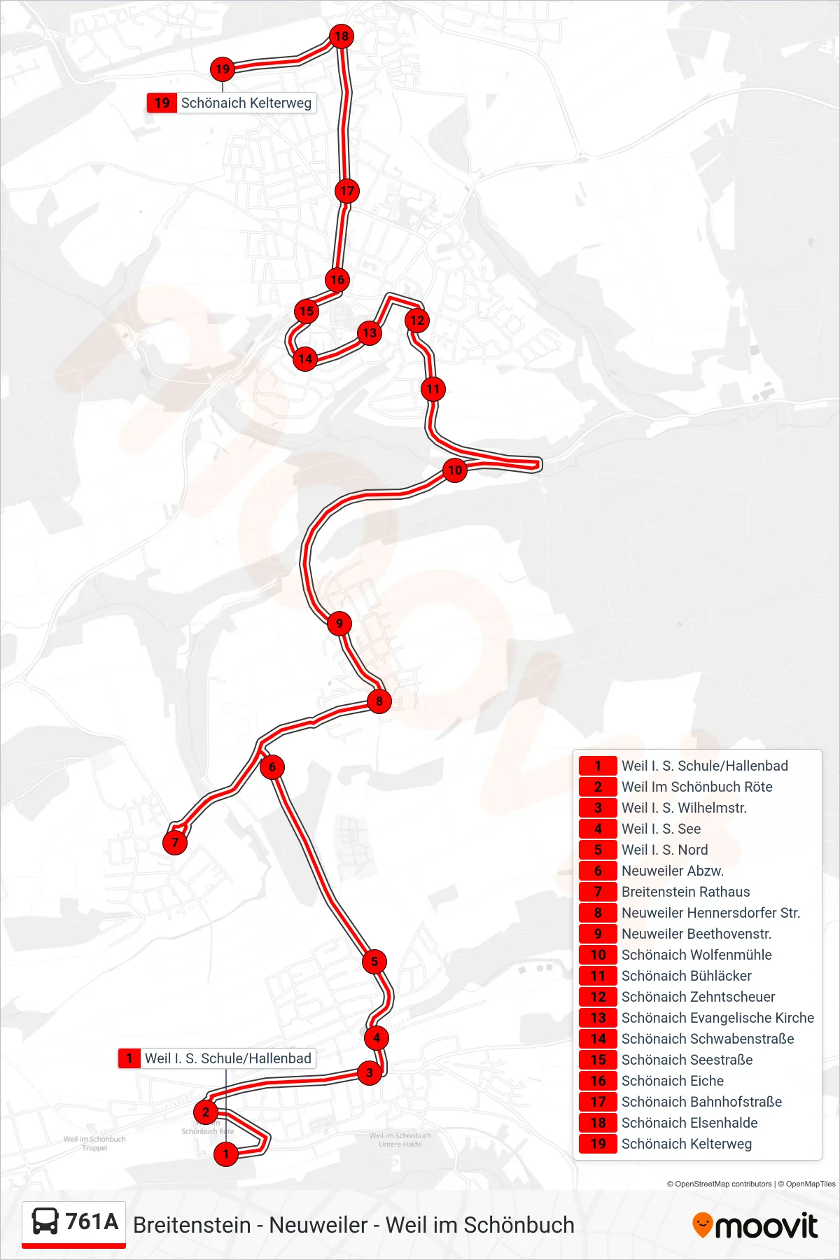 761A bus Line (Schönaich Kelterweg) route and stops on a map