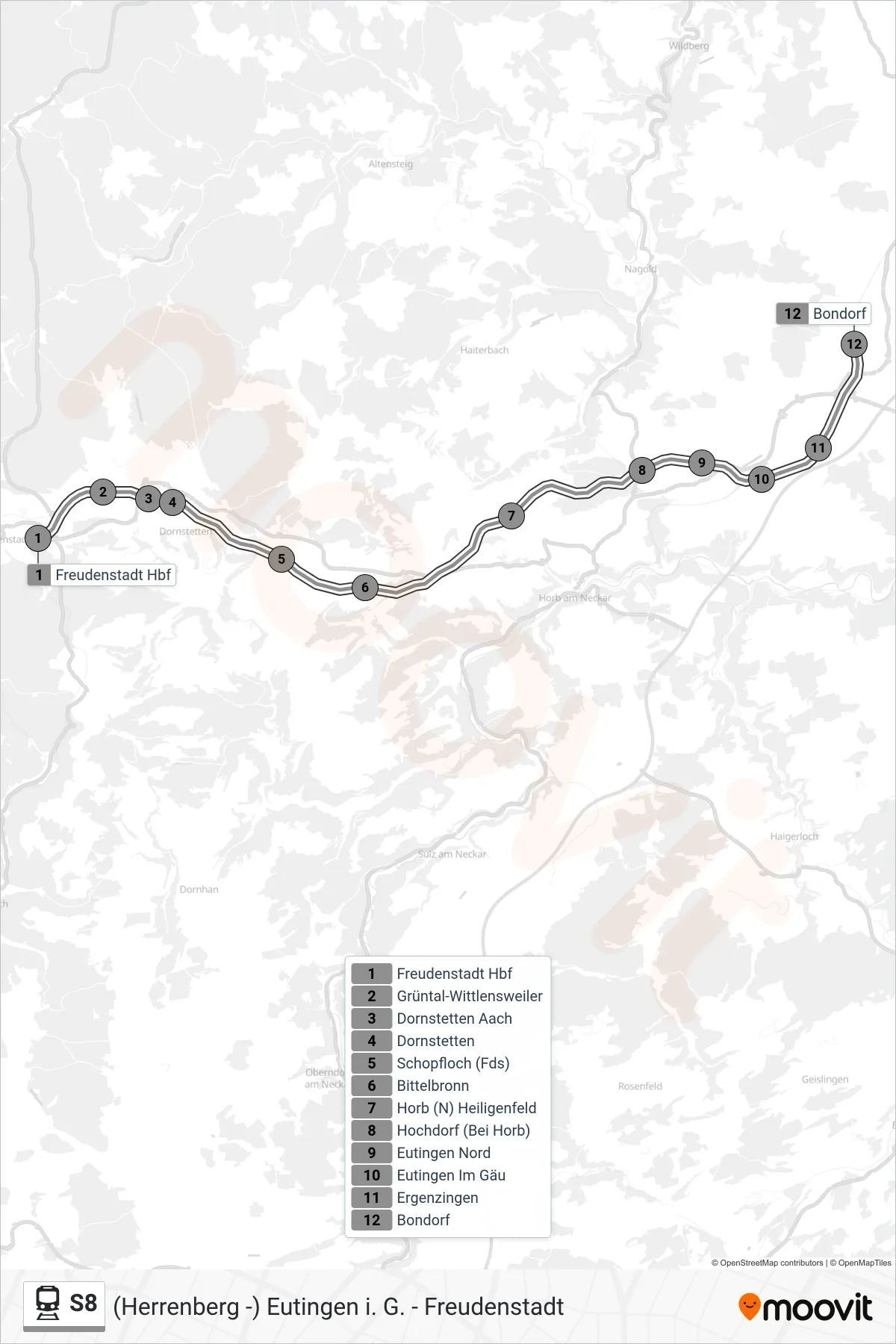 Linie S8 (Bahn) Richtung Bondorf: Route und Haltestellen auf der Karte