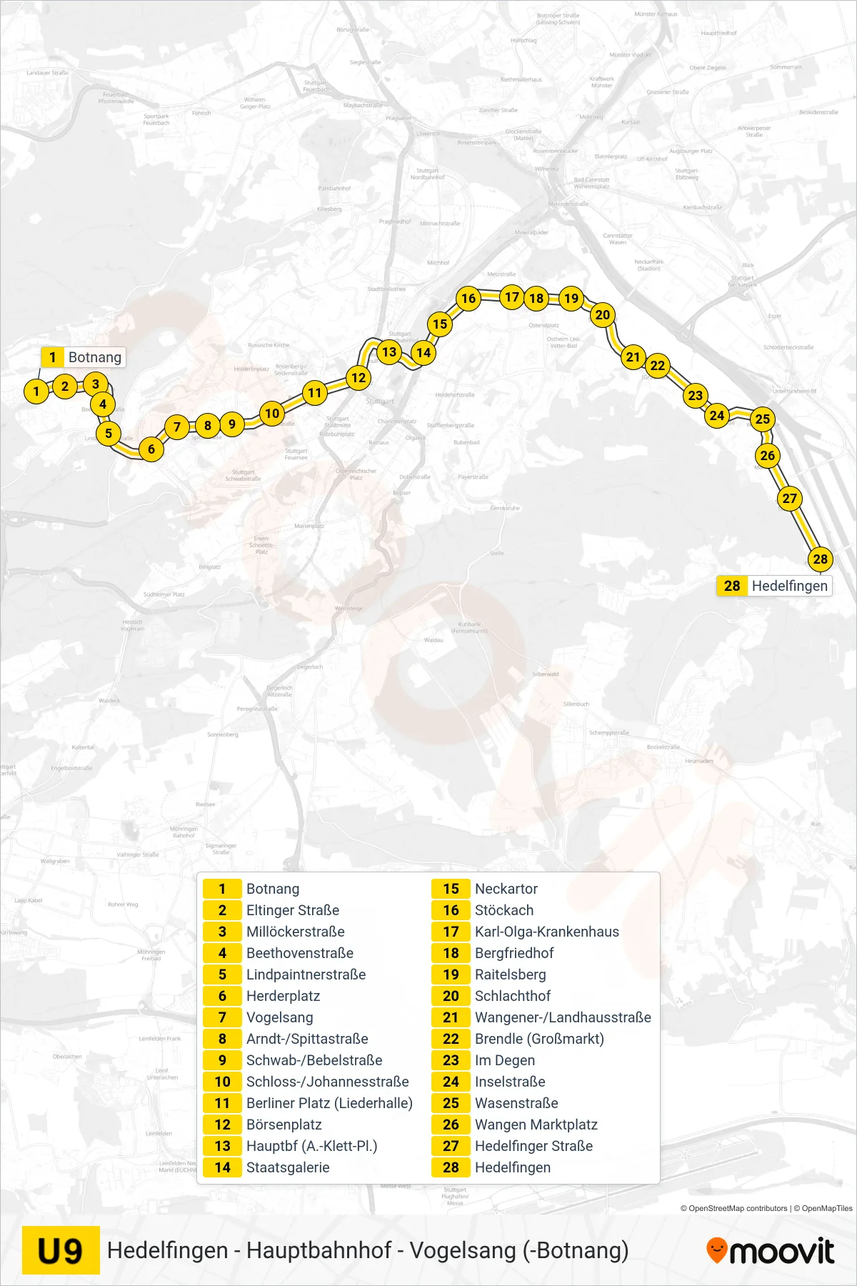 Linie U9 (U-Bahn) Richtung Hedelfingen: Route und Haltestellen auf der Karte
