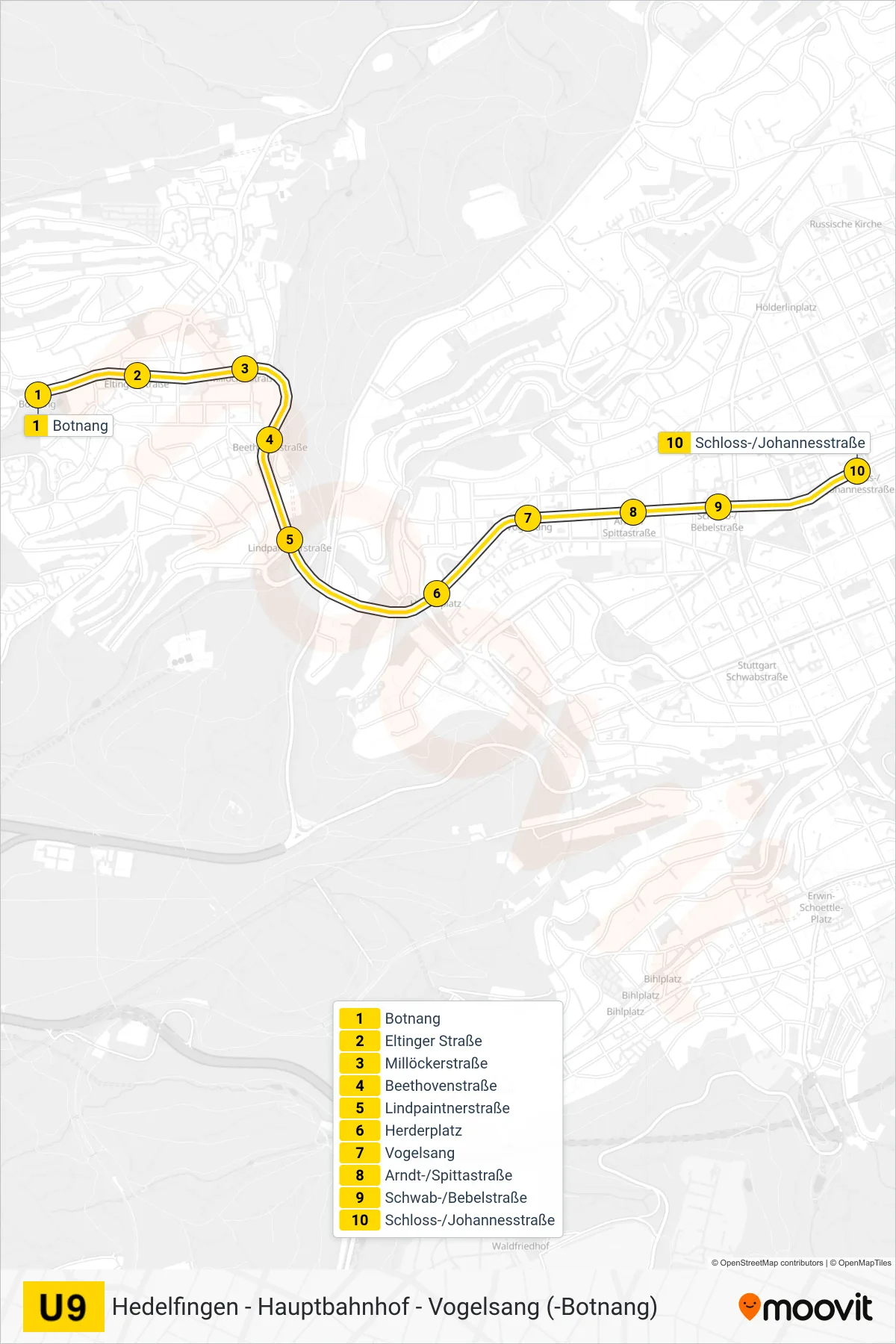 Linie U9 (U-Bahn) Richtung Schloss-/Johannesstraße: Route und Haltestellen auf der Karte