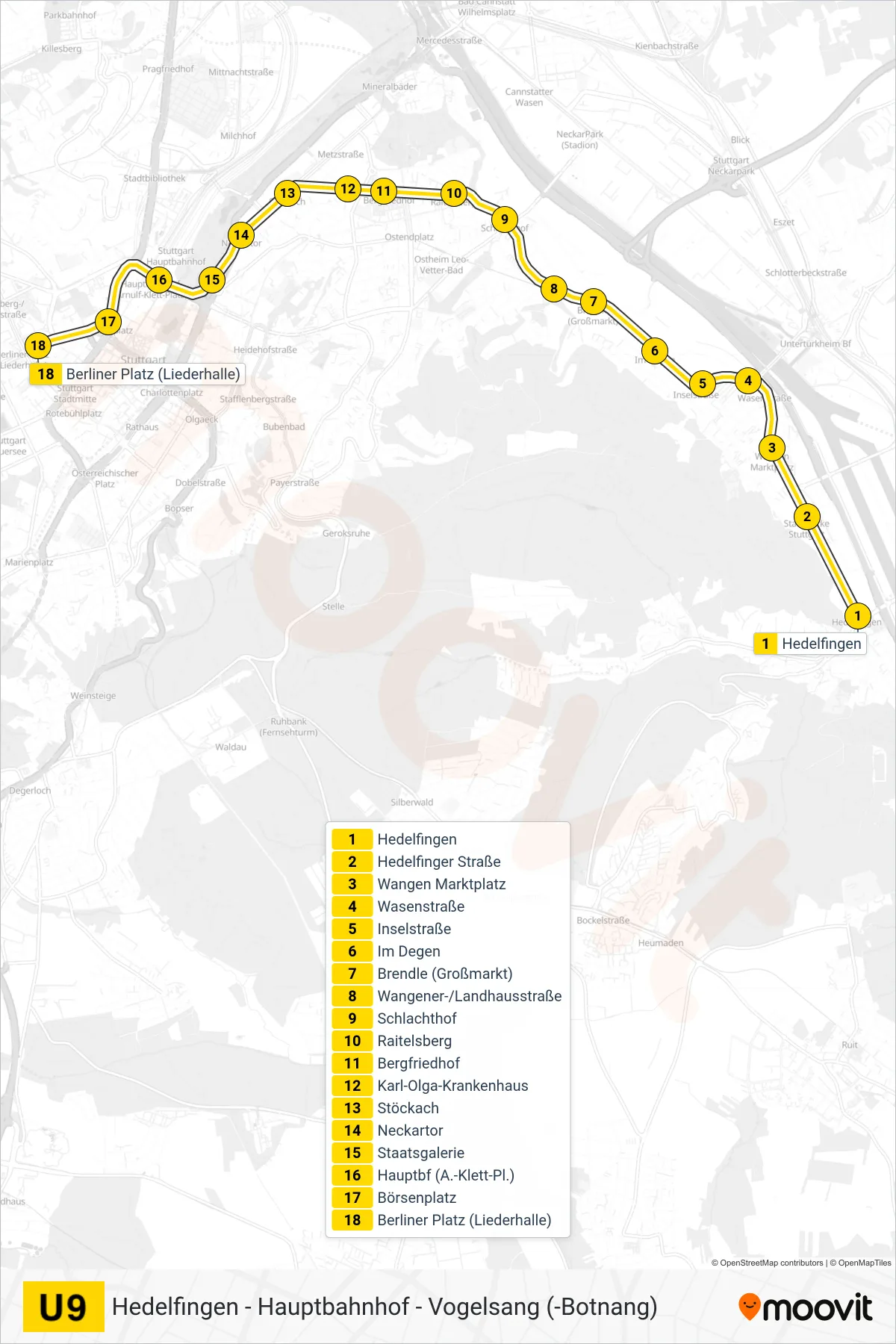 U9 subway Line (Berliner Platz (Liederhalle)) route and stops on a map