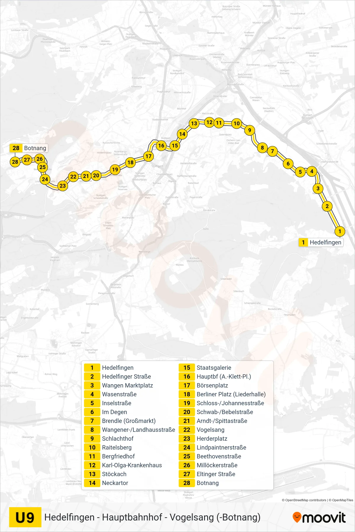 U9 subway Line (Botnang) route and stops on a map