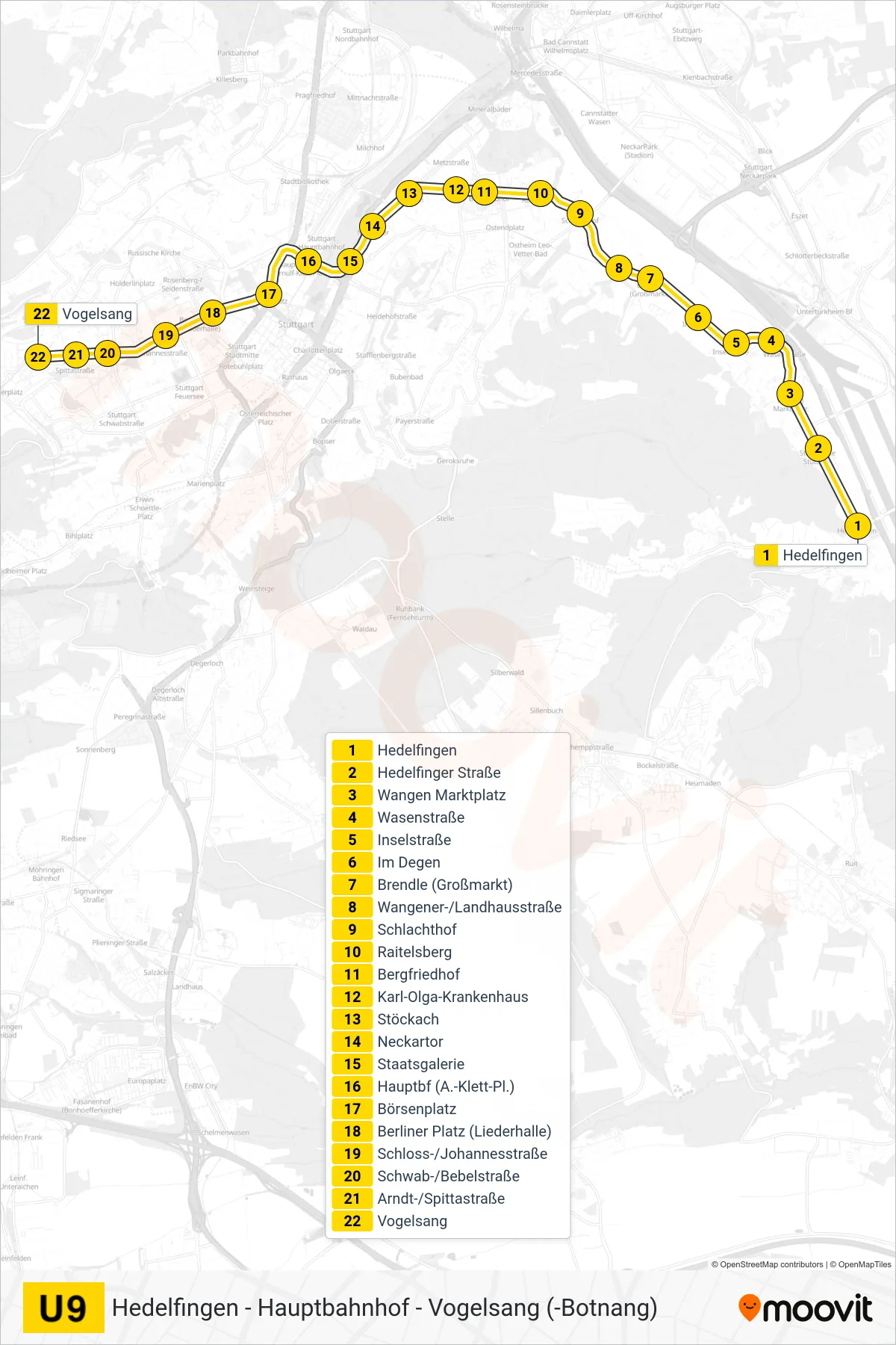 Linie U9 (U-Bahn) Richtung Vogelsang: Route und Haltestellen auf der Karte