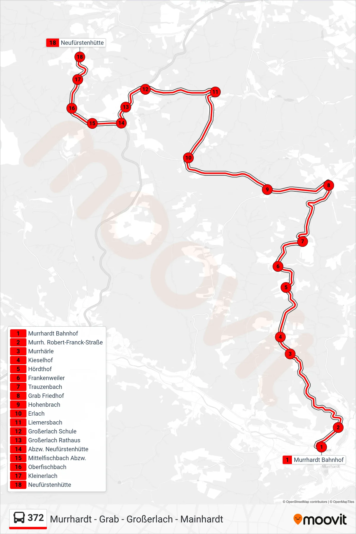 372 bus Line (Neufürstenhütte) route and stops on a map