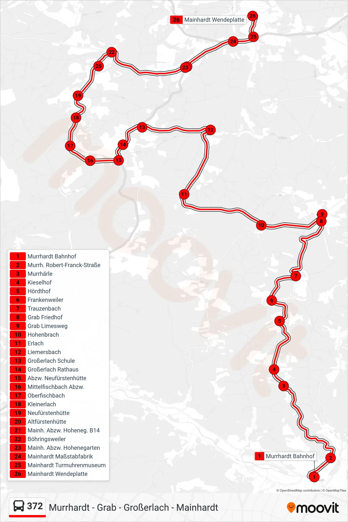 372 bus Line (Mainhardt Wendeplatte) route and stops on a map