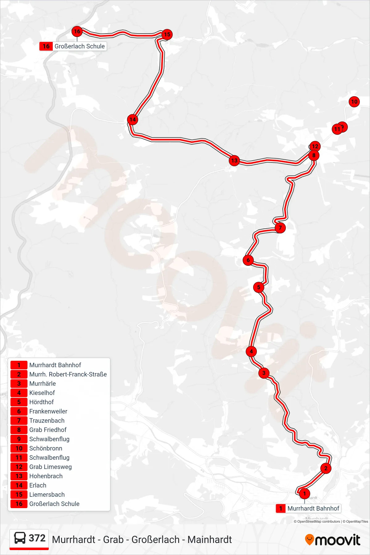 372 bus Line (Großerlach Schule) route and stops on a map