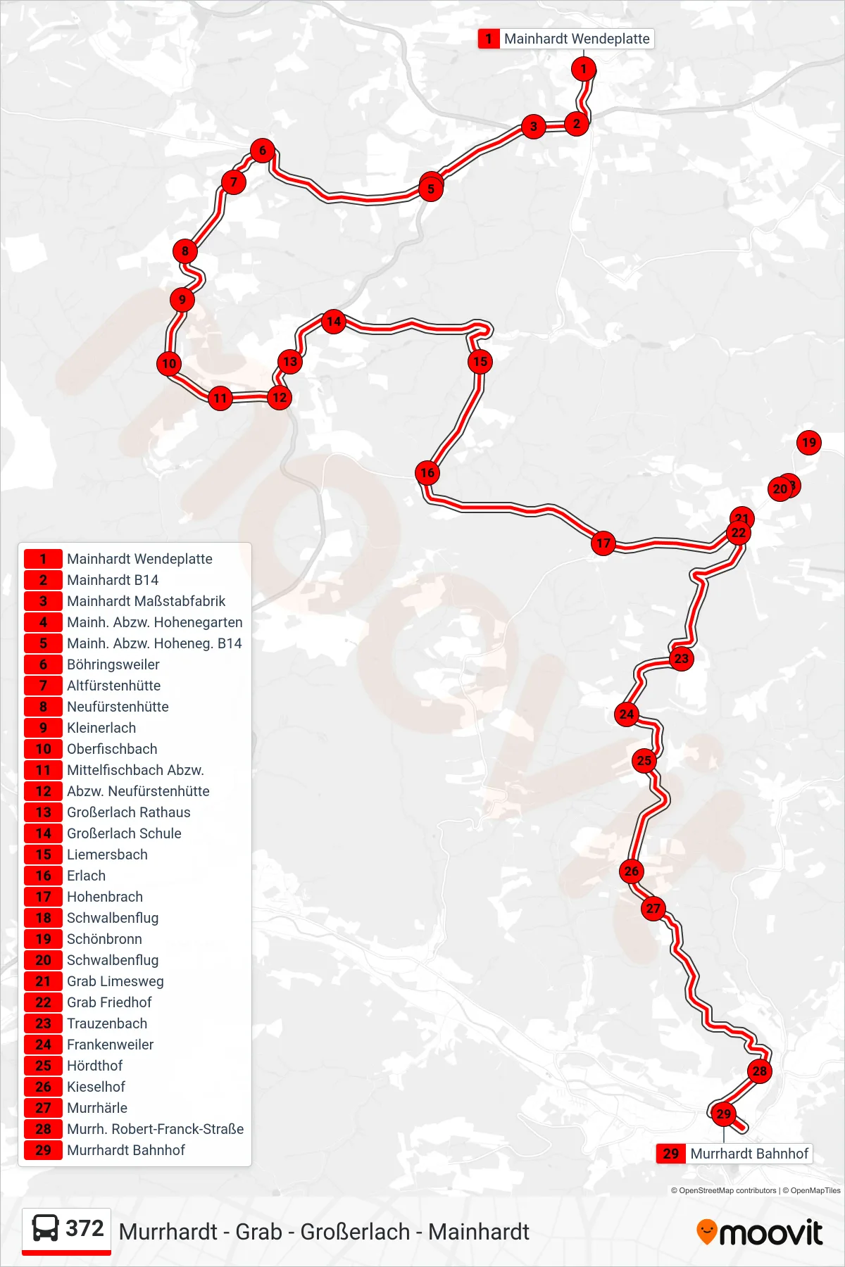 372 bus Line (Murrhardt Bf) route and stops on a map