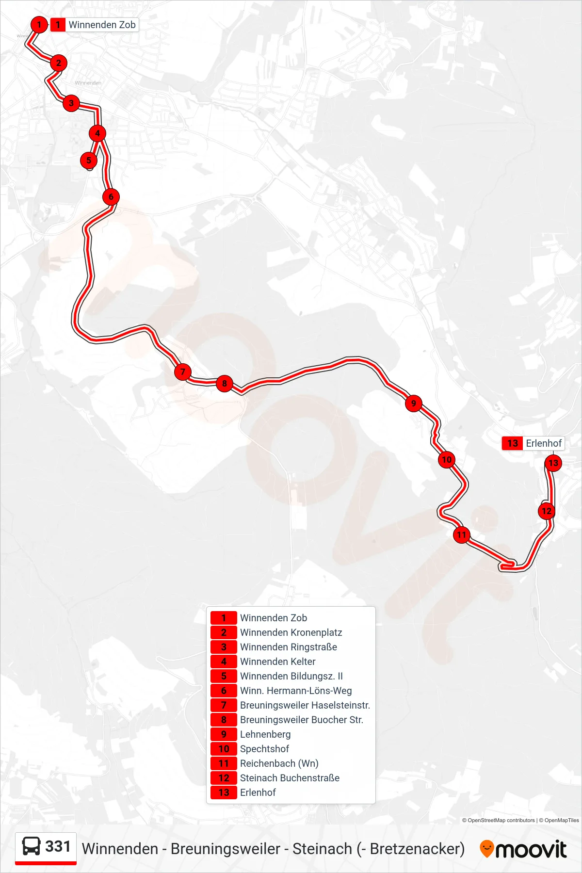 331 bus Line (Erlenhof) route and stops on a map