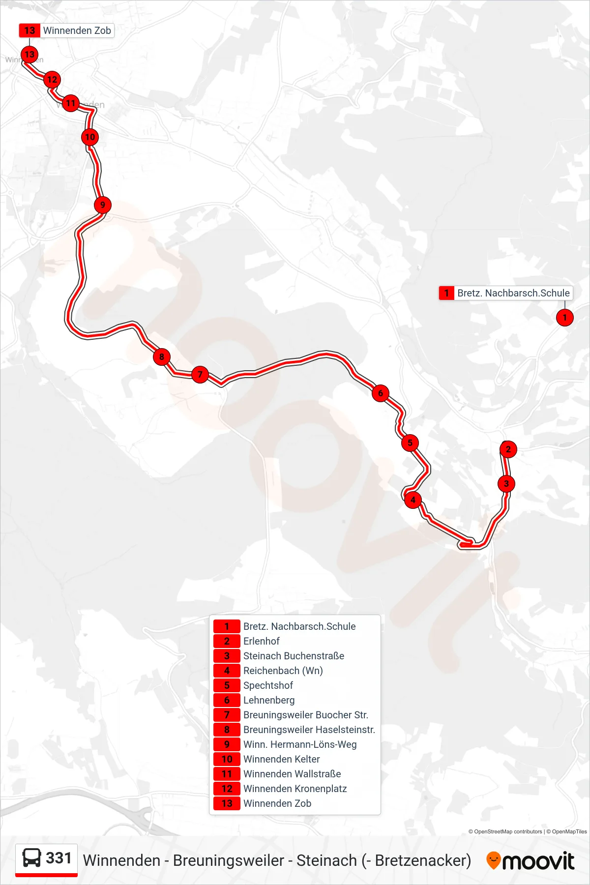 331 bus Line (Winnenden Zob) route and stops on a map