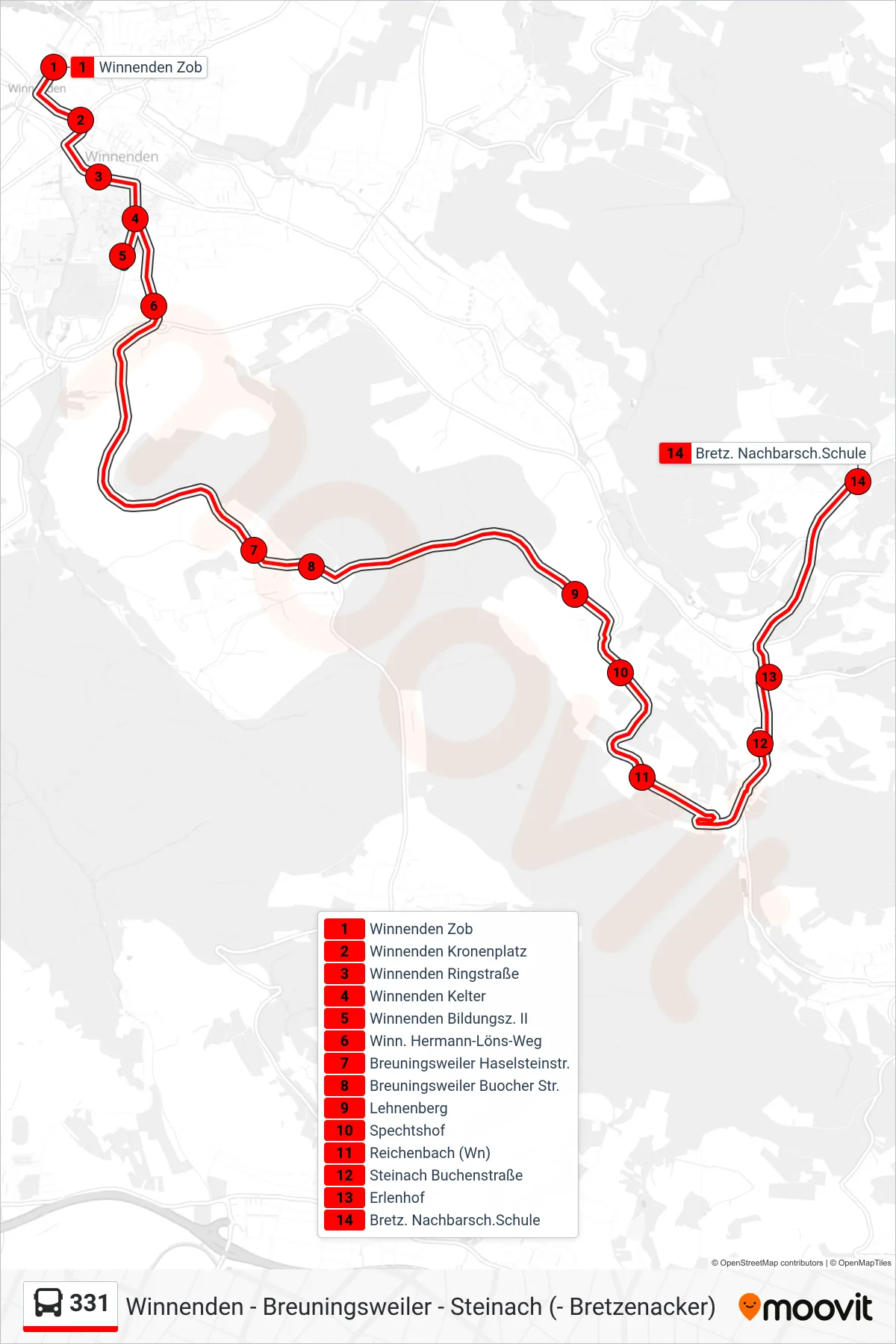 331 bus Line (Bretz. Nachbarsch.Schule) route and stops on a map