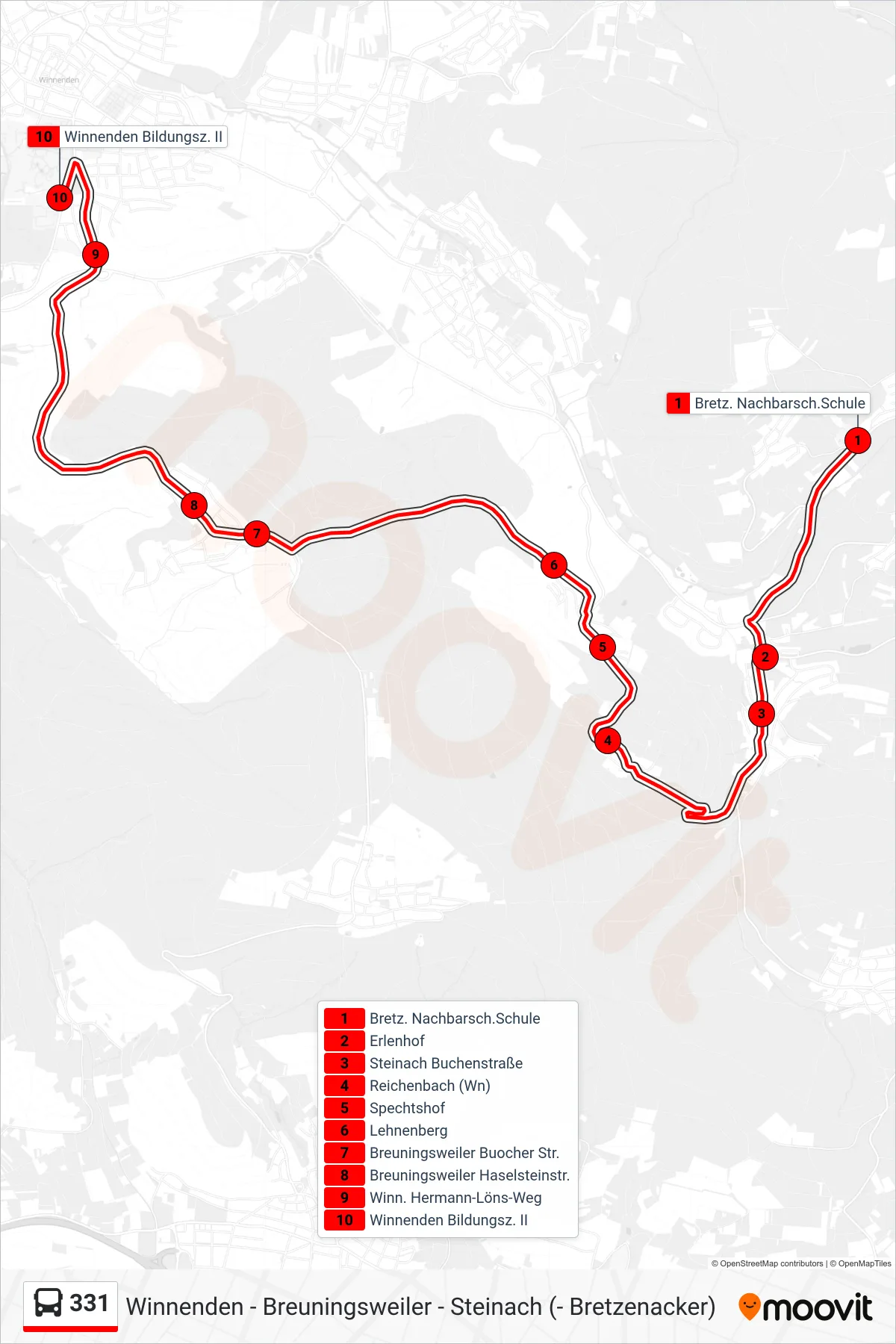 Linie 331 (Bus) Richtung Winnenden Bildungsz. II: Route und Haltestellen auf der Karte