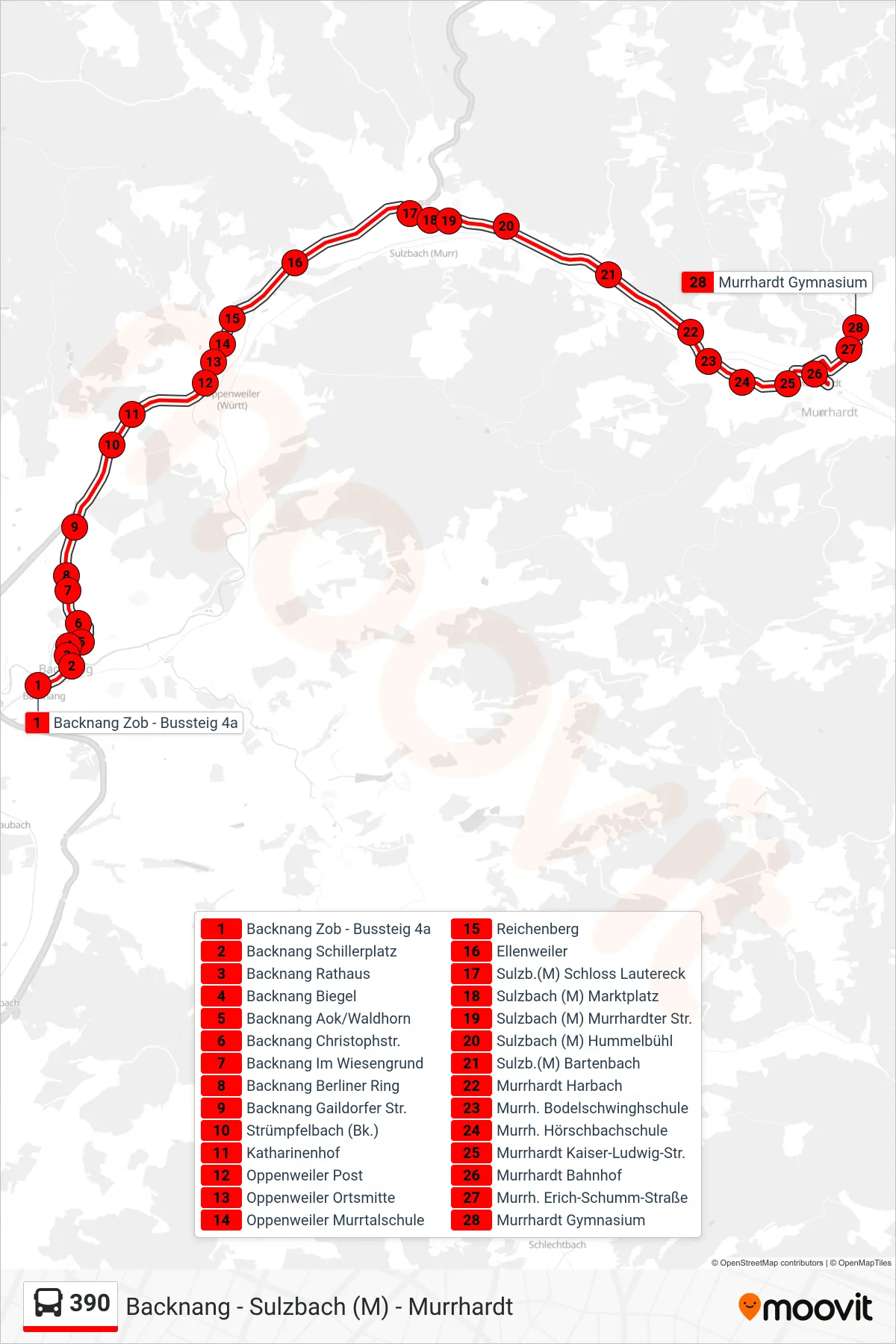 Linie 390 (Bus) Richtung Murrhardt Gymnasium: Route und Haltestellen auf der Karte