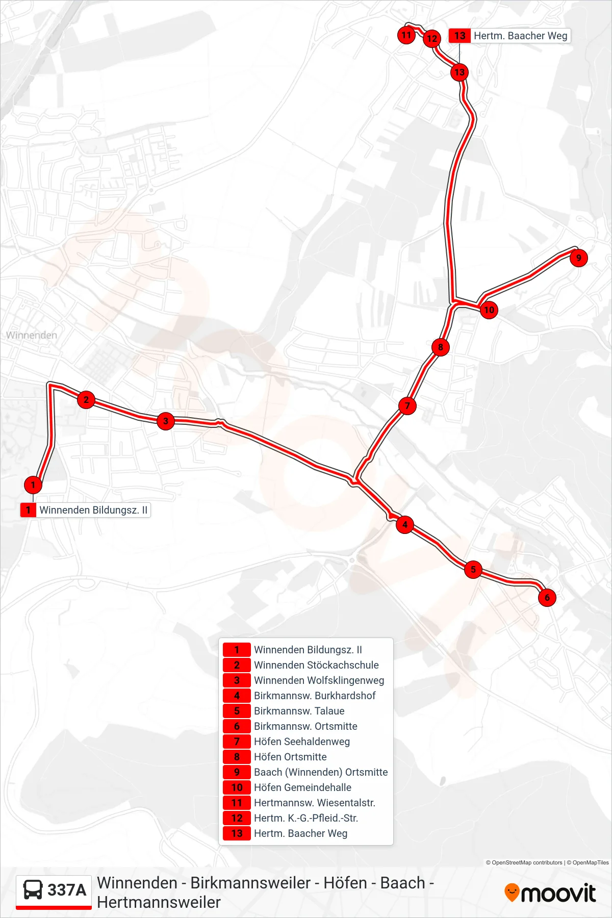 337A bus Line (Hertm. Baacher Weg) route and stops on a map