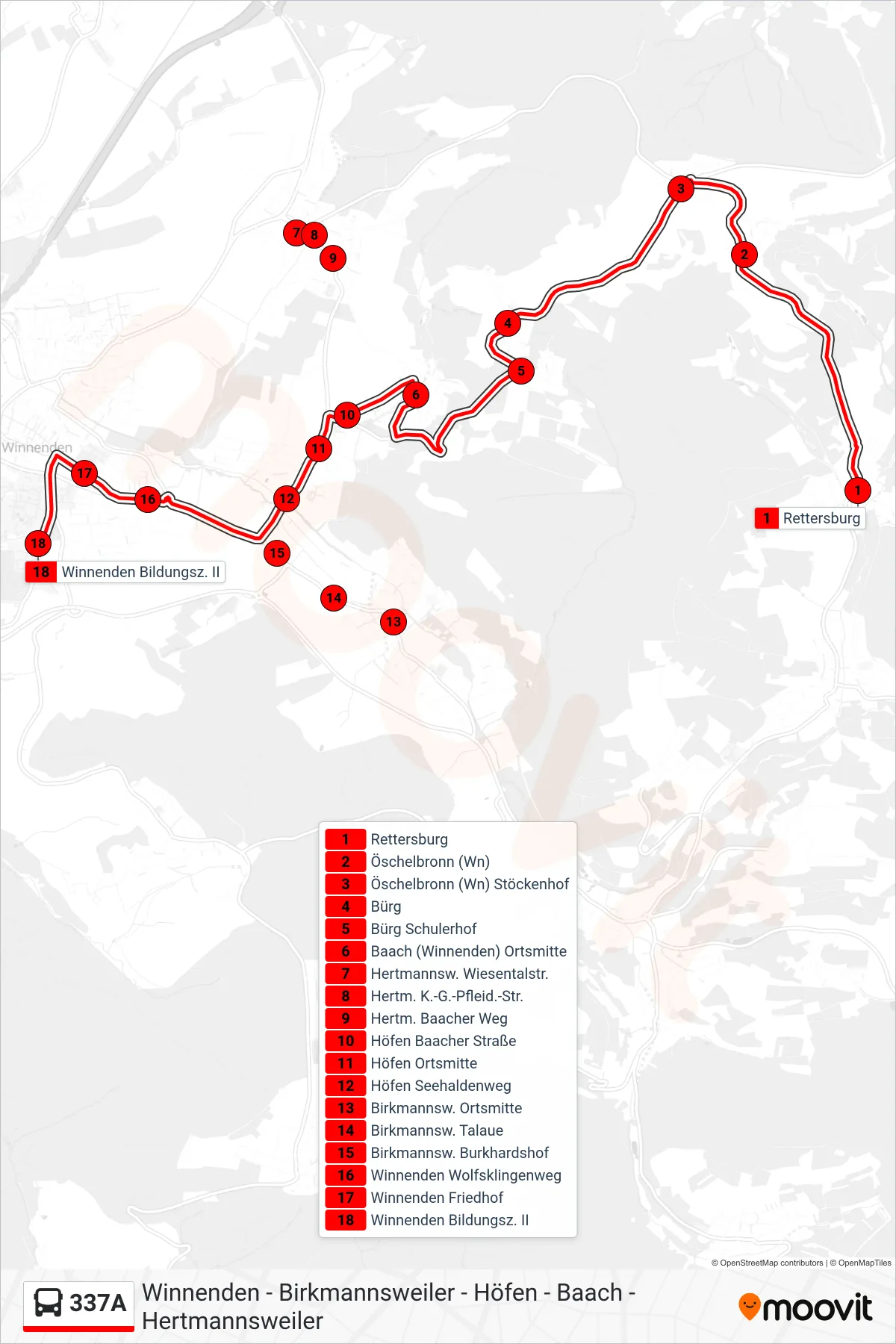 337A bus Line (Winnenden Bildungsz. II) route and stops on a map