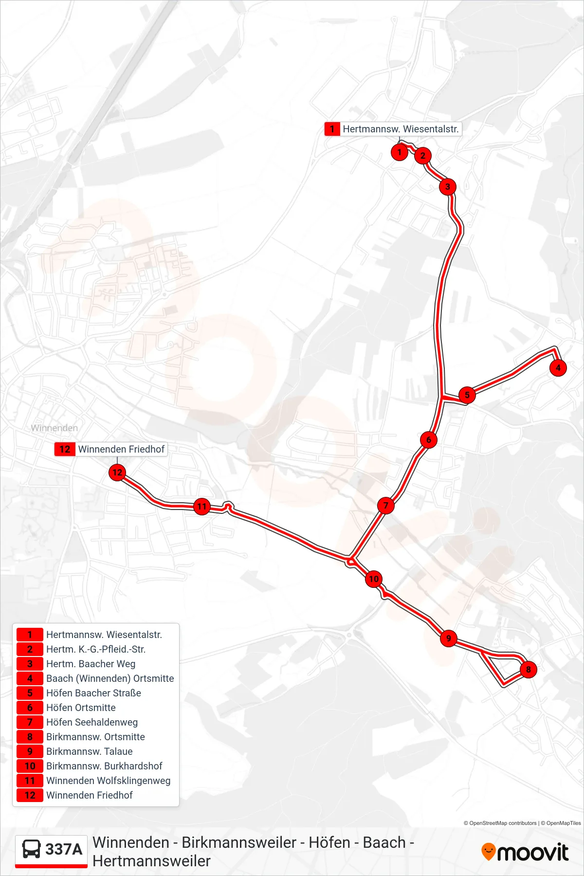 Linie 337A (Bus) Richtung Winnenden Friedhof: Route und Haltestellen auf der Karte
