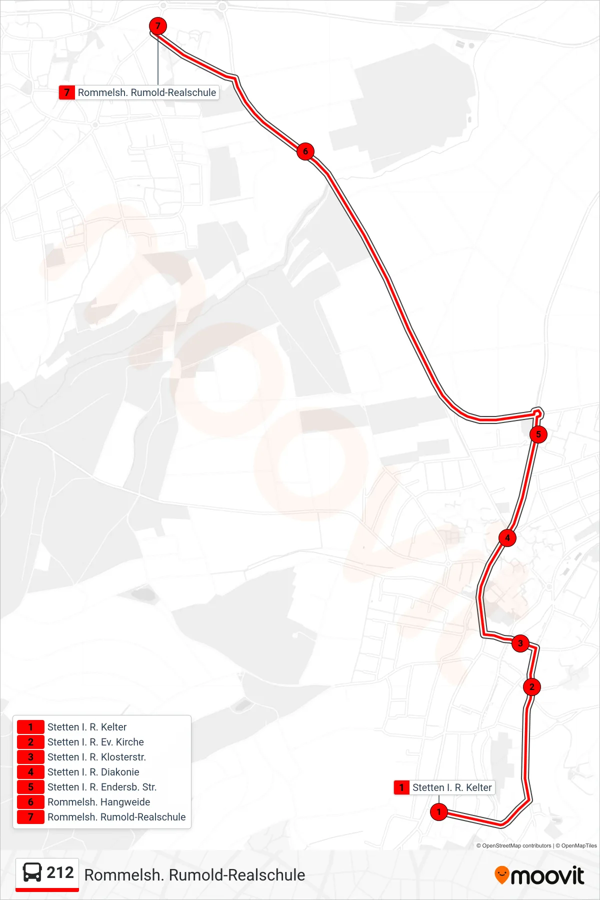 Linie 212 (Bus) Richtung Rommelsh. Rumold-Realschule: Route und Haltestellen auf der Karte