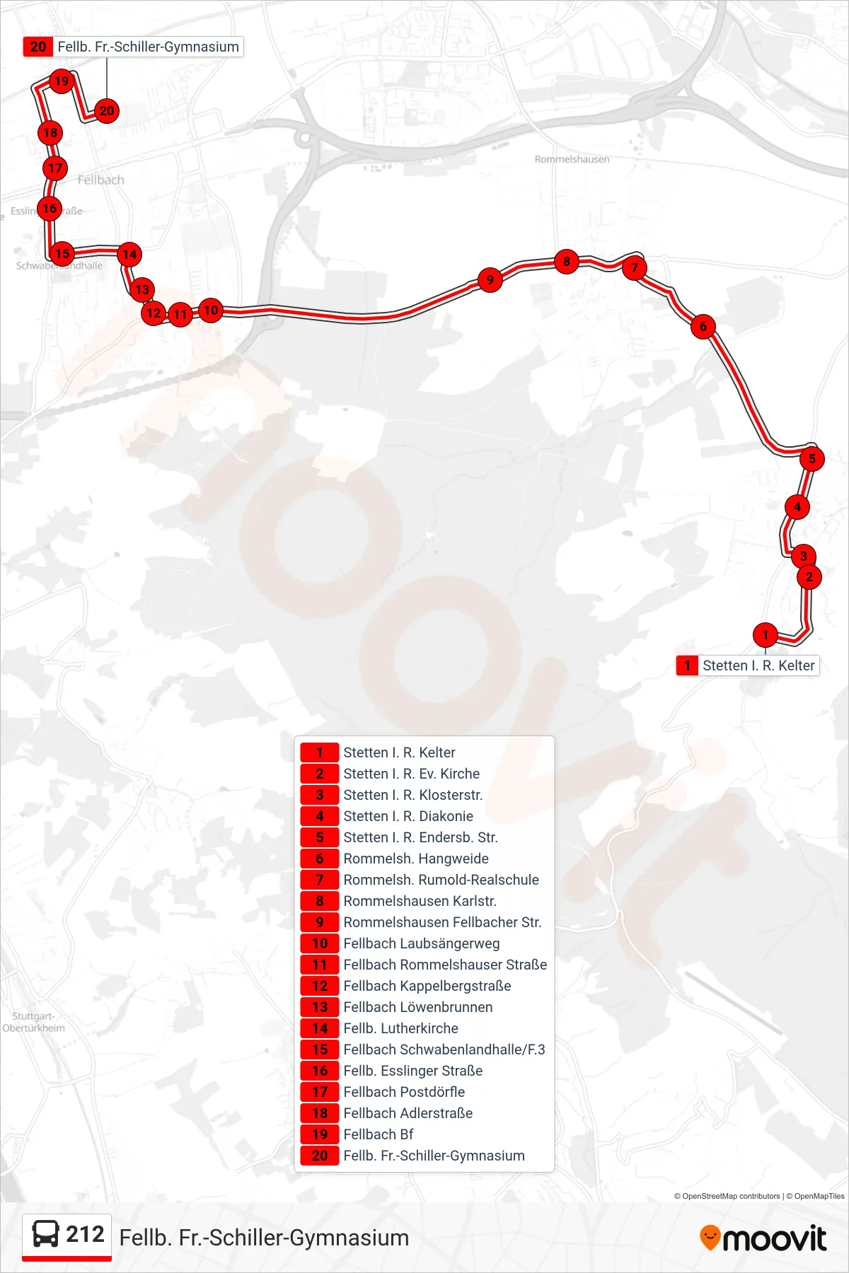212 bus Line (Fellb. Fr.-Schiller-Gymnasium) route and stops on a map