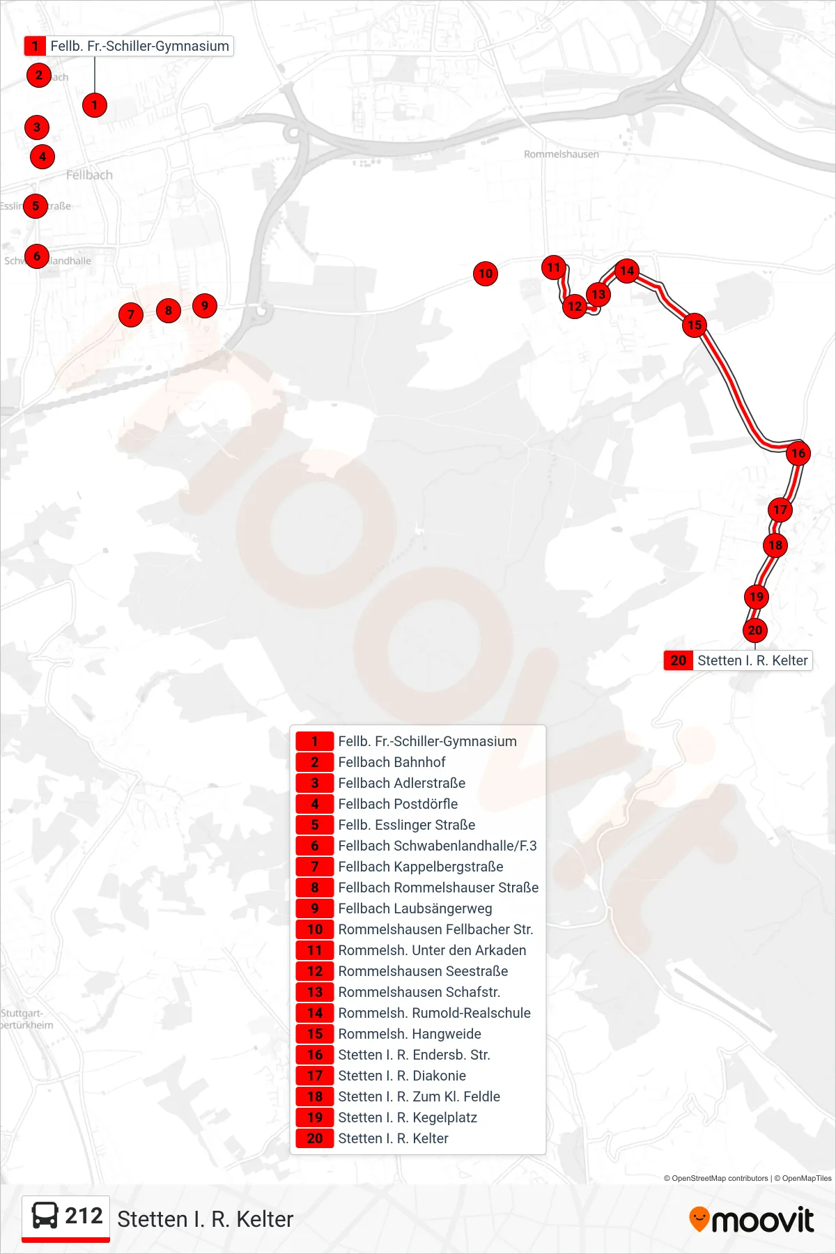 212 bus Line (Stetten I. R. Kelter) route and stops on a map