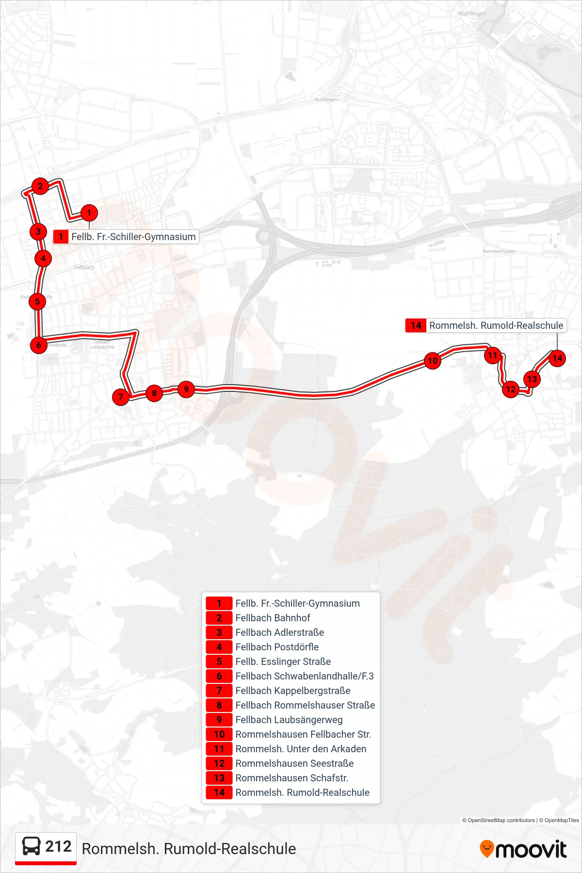 212 bus Line (Rommelsh. Rumold-Realschule) route and stops on a map