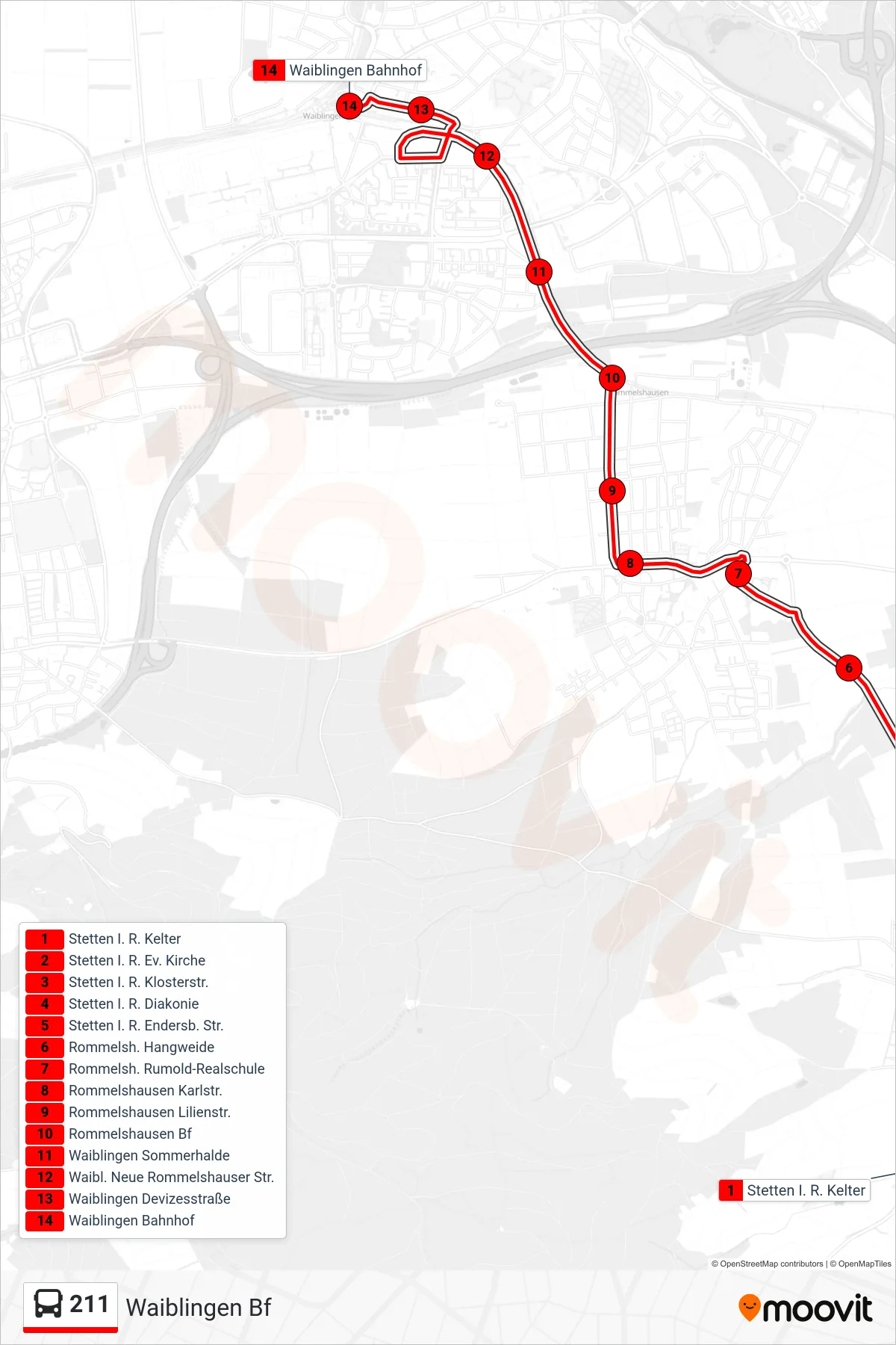211 bus Line (Waiblingen Bf) route and stops on a map