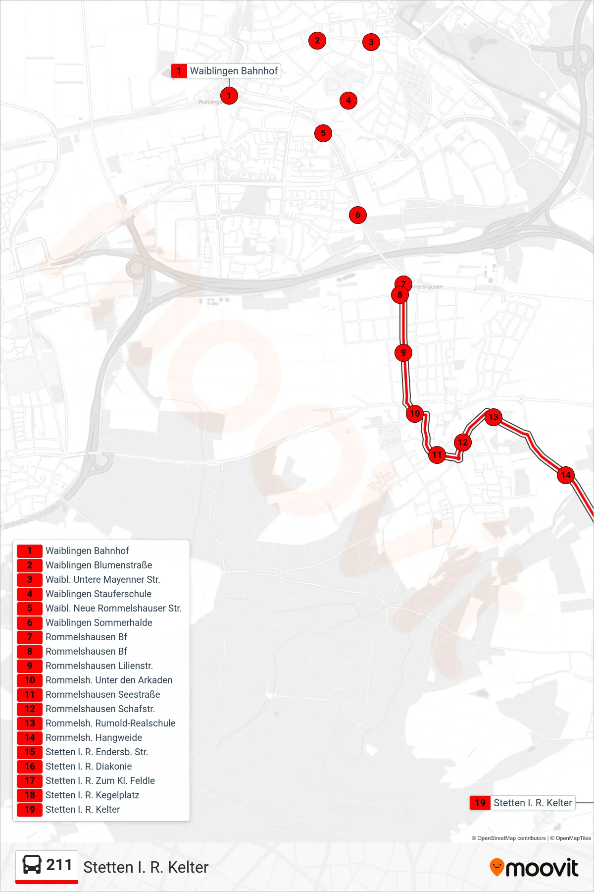 Linie 211 (Bus) Richtung Stetten I. R. Kelter: Route und Haltestellen auf der Karte