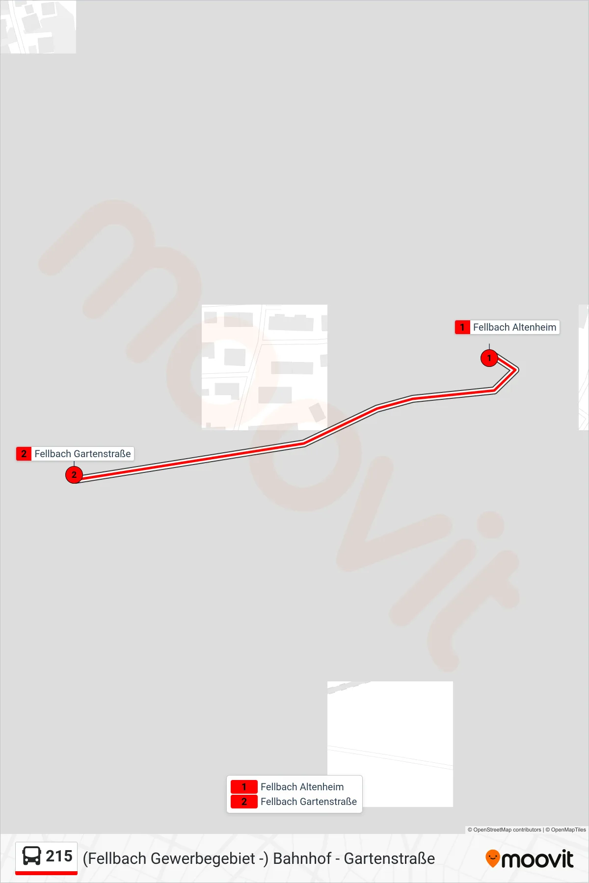 Linie 215 (Bus) Richtung Fellbach Gartenstraße: Route und Haltestellen auf der Karte