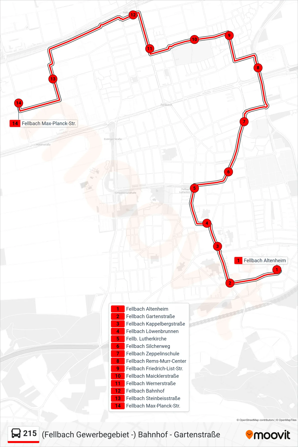 215 bus Line (Fellbach Max-Planck-Str.) route and stops on a map