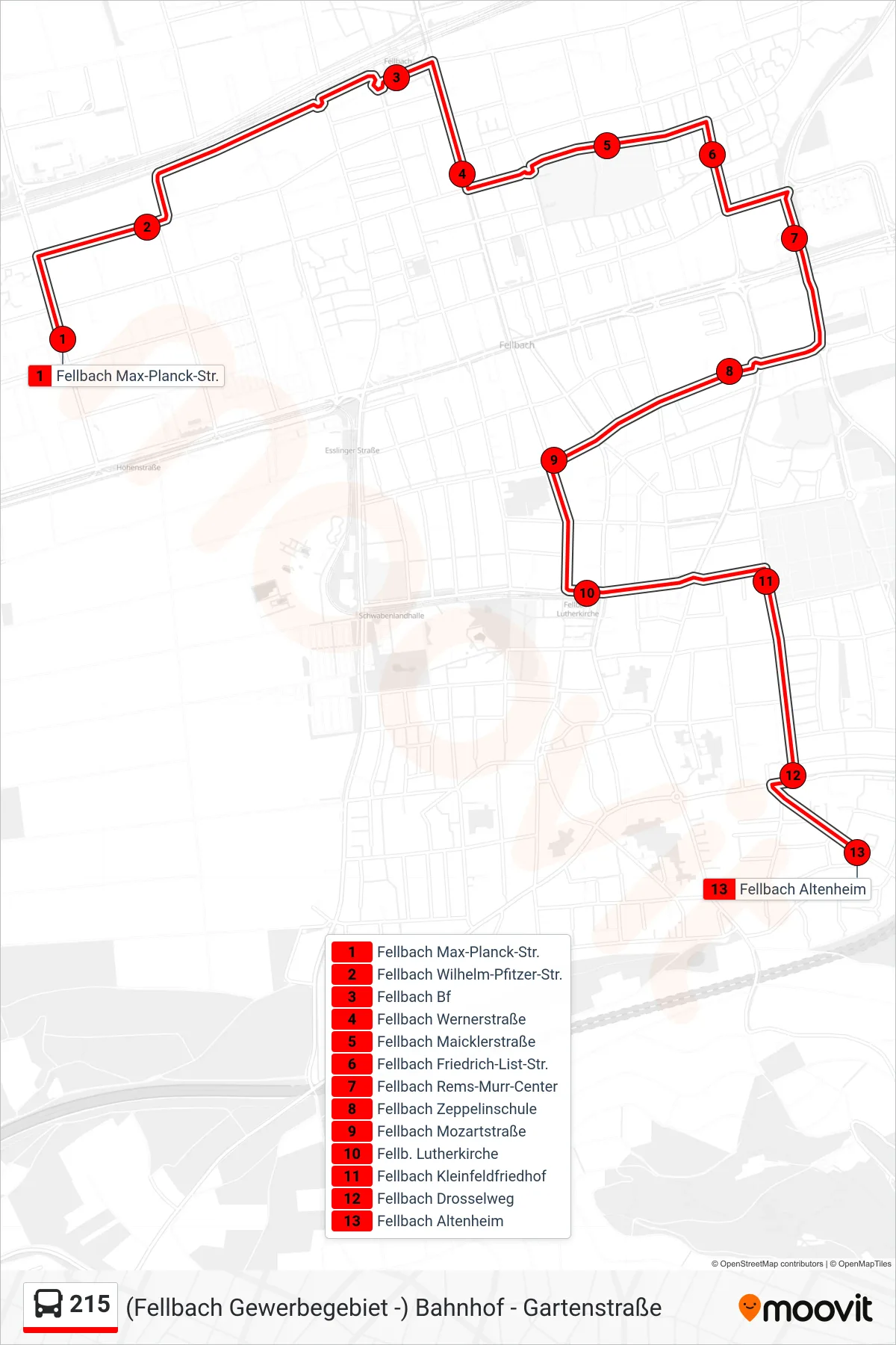 215 bus Line (Fellbach Altenheim) route and stops on a map