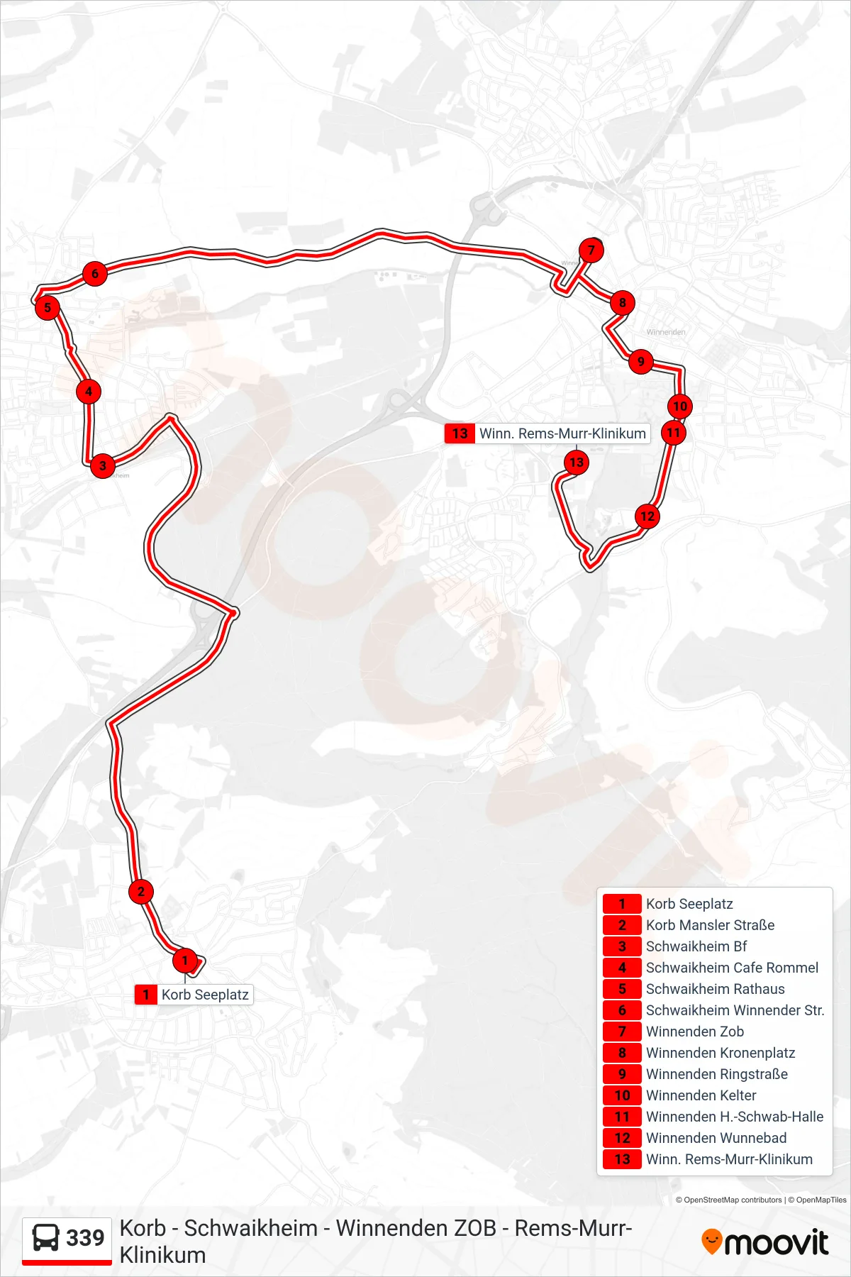 Linie 339 (Bus) Richtung Winn. Rems-Murr-Klinikum: Route und Haltestellen auf der Karte