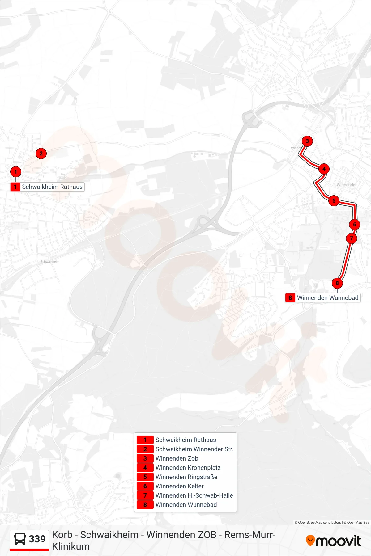 339 bus Line (Winnenden Wunnebad) route and stops on a map