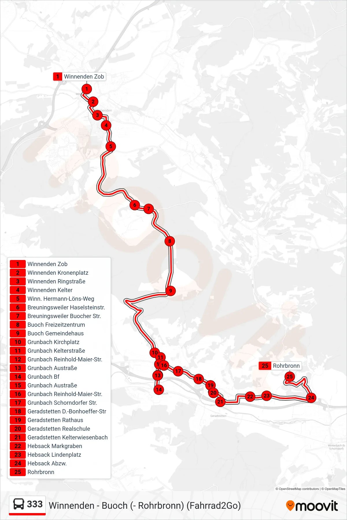 Linie 333 (Bus) Richtung Rohrbronn: Route und Haltestellen auf der Karte