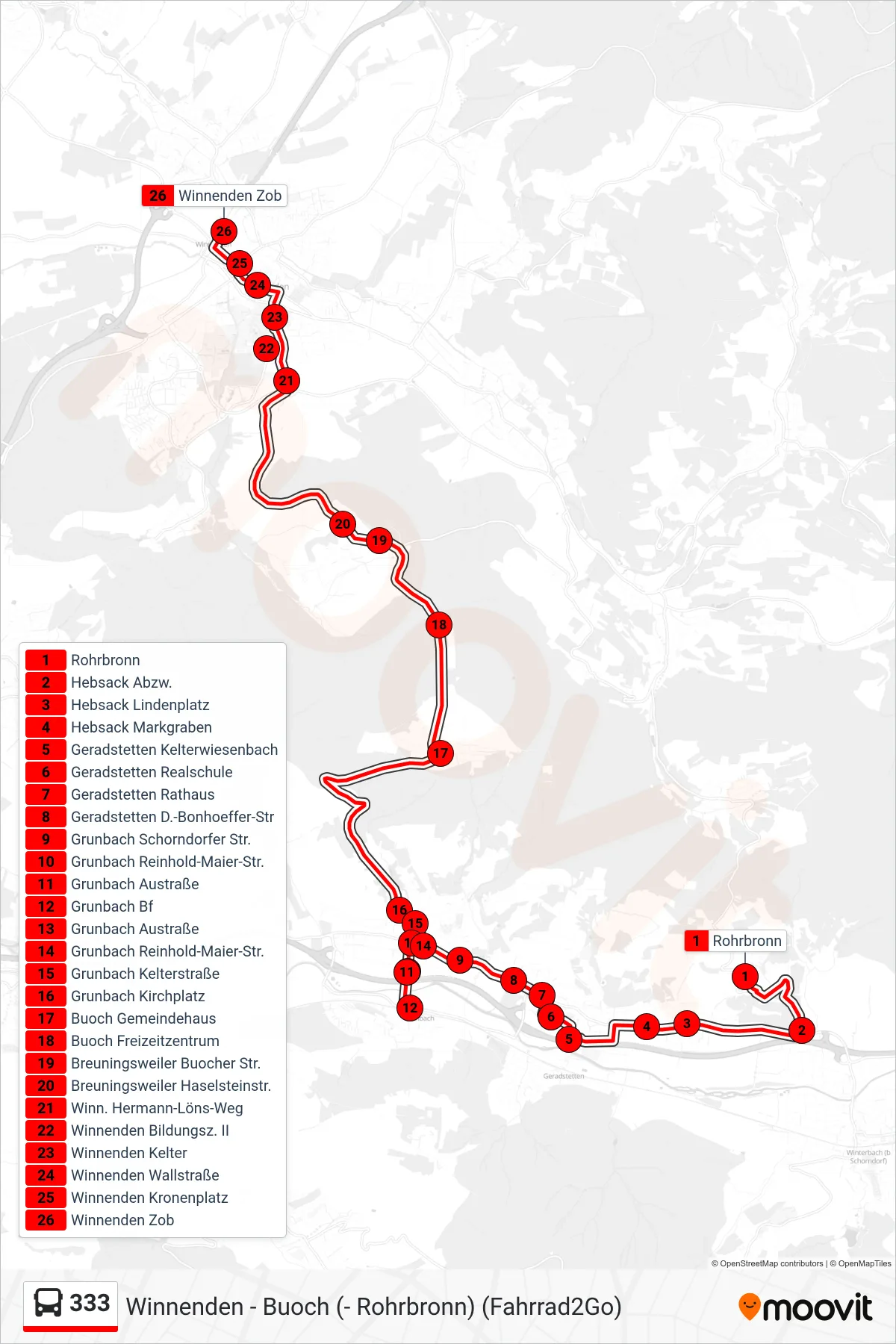 333 bus Line (Winnenden Zob) route and stops on a map