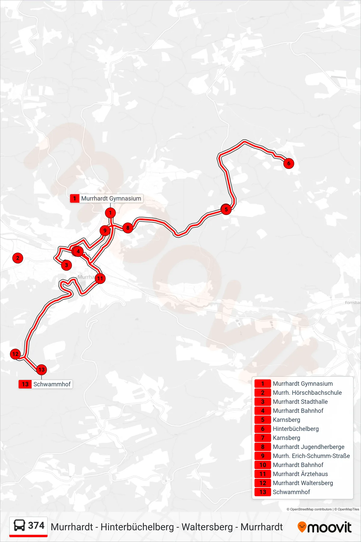 Linie 374 (Bus) Richtung Schwammhof: Route und Haltestellen auf der Karte