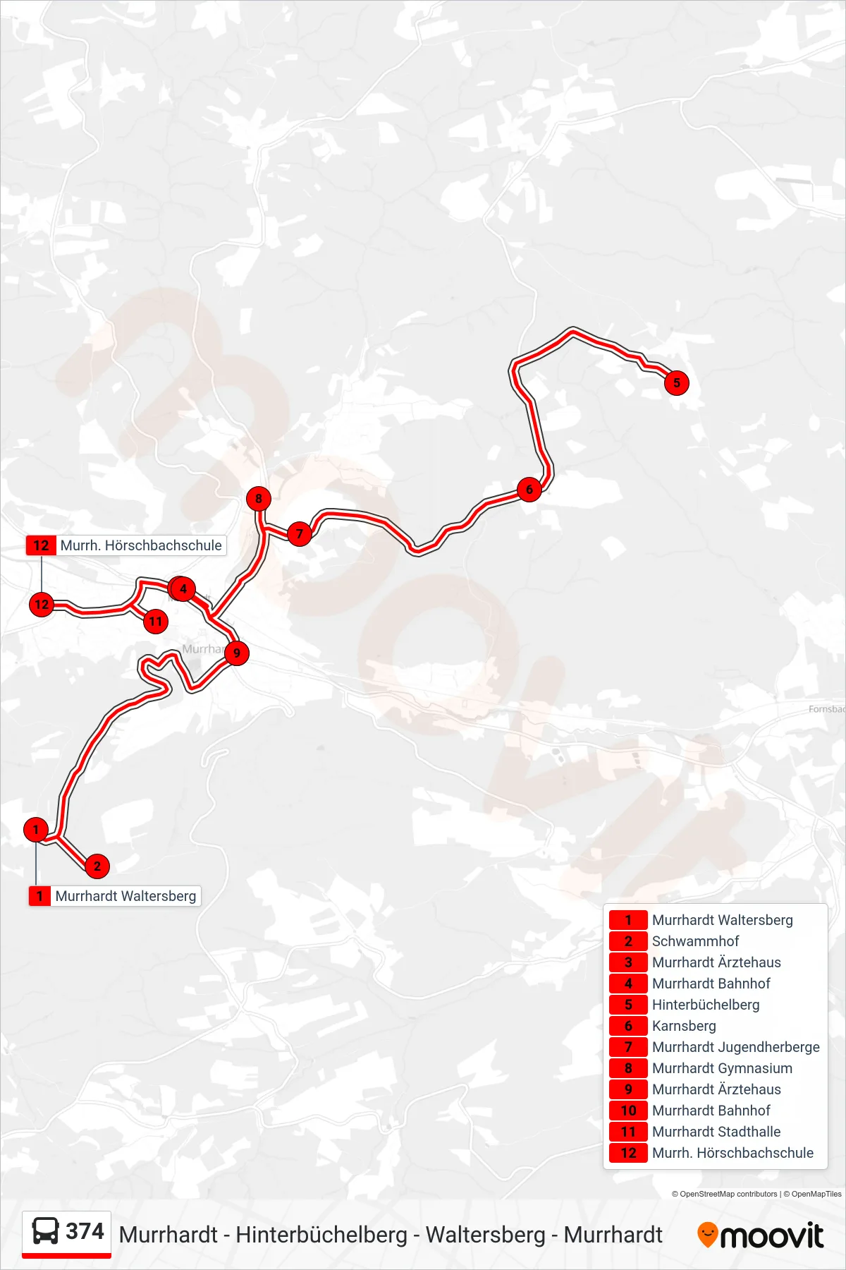 374 bus Line (Murrh. Hörschbachschule) route and stops on a map