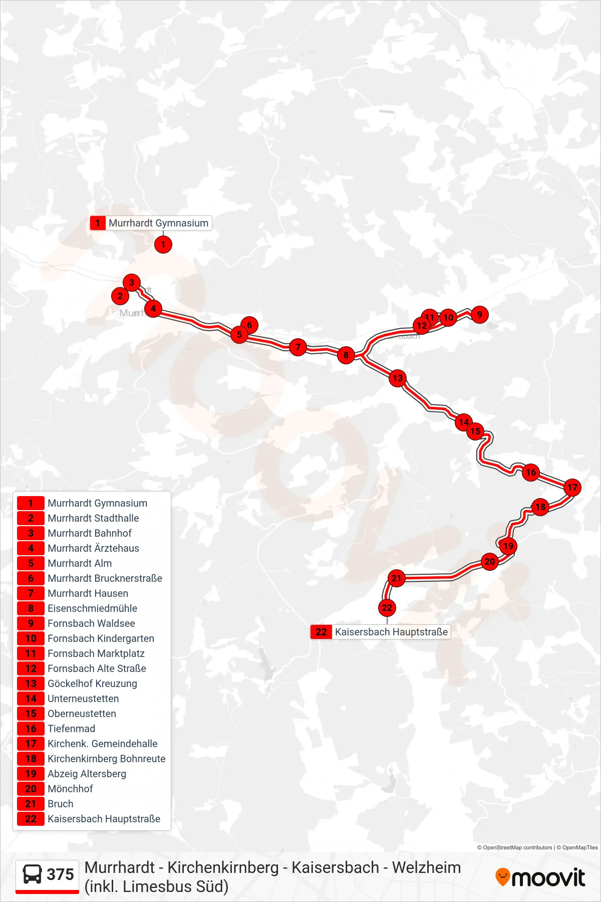 375 bus Line (Kaisersbach Hauptstraße) route and stops on a map