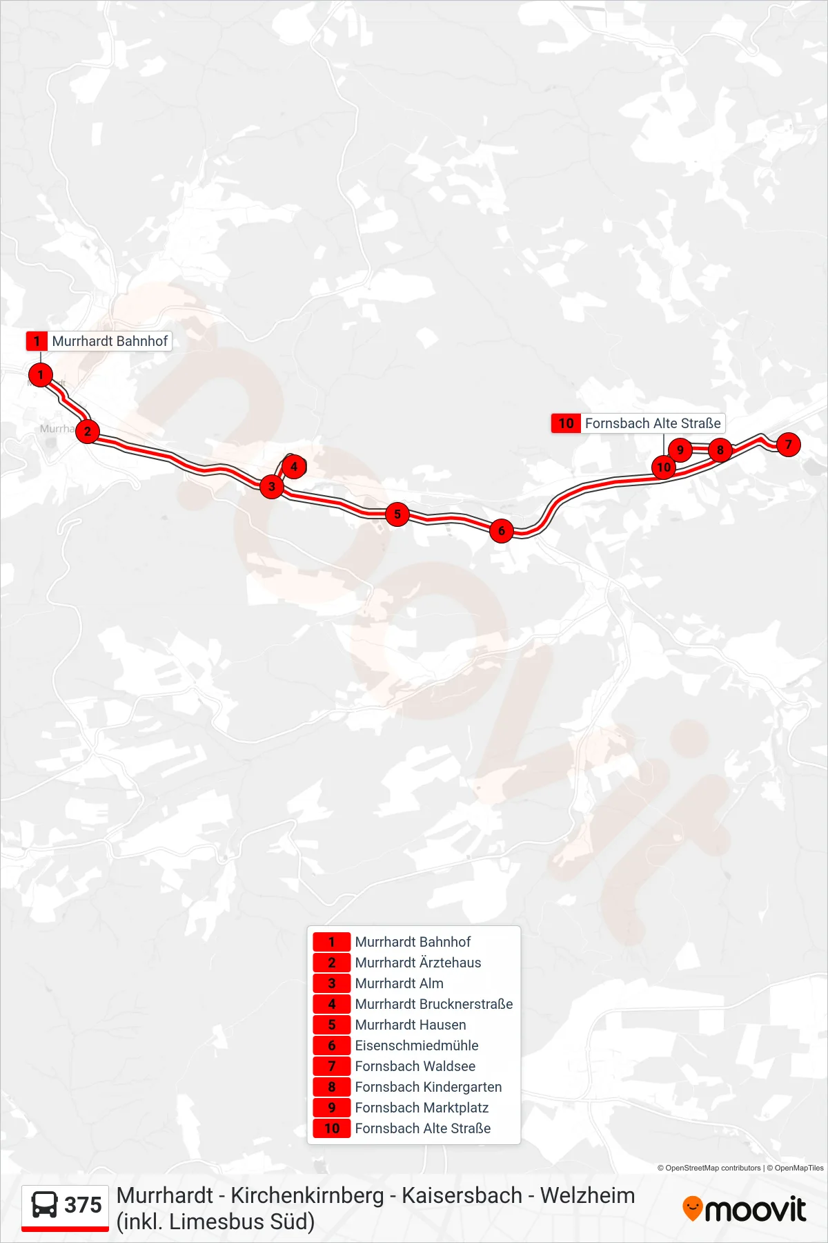 375 bus Line (Fornsbach Alte Straße) route and stops on a map