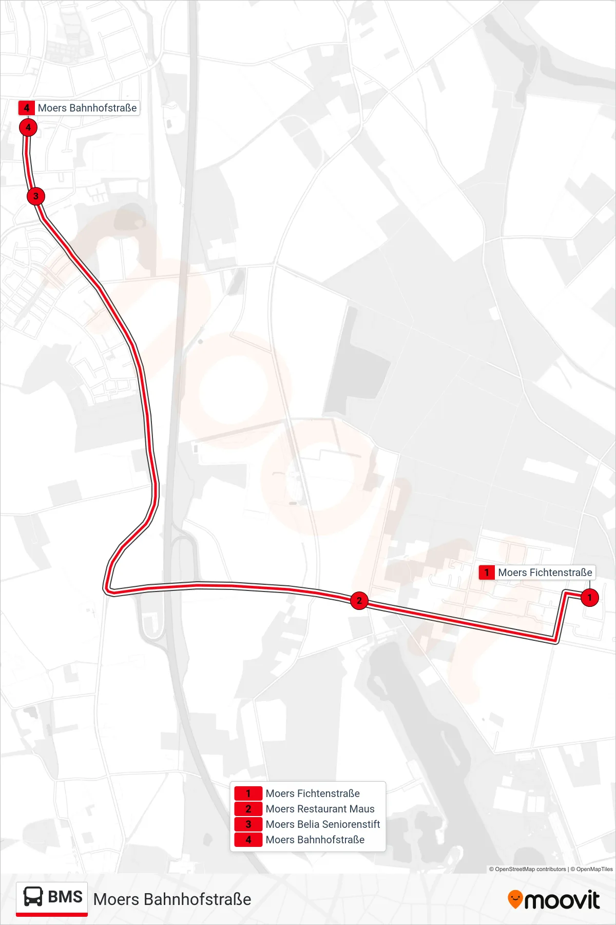 Linie BMS (Bus) Richtung Moers Bahnhofstraße: Route und Haltestellen auf der Karte