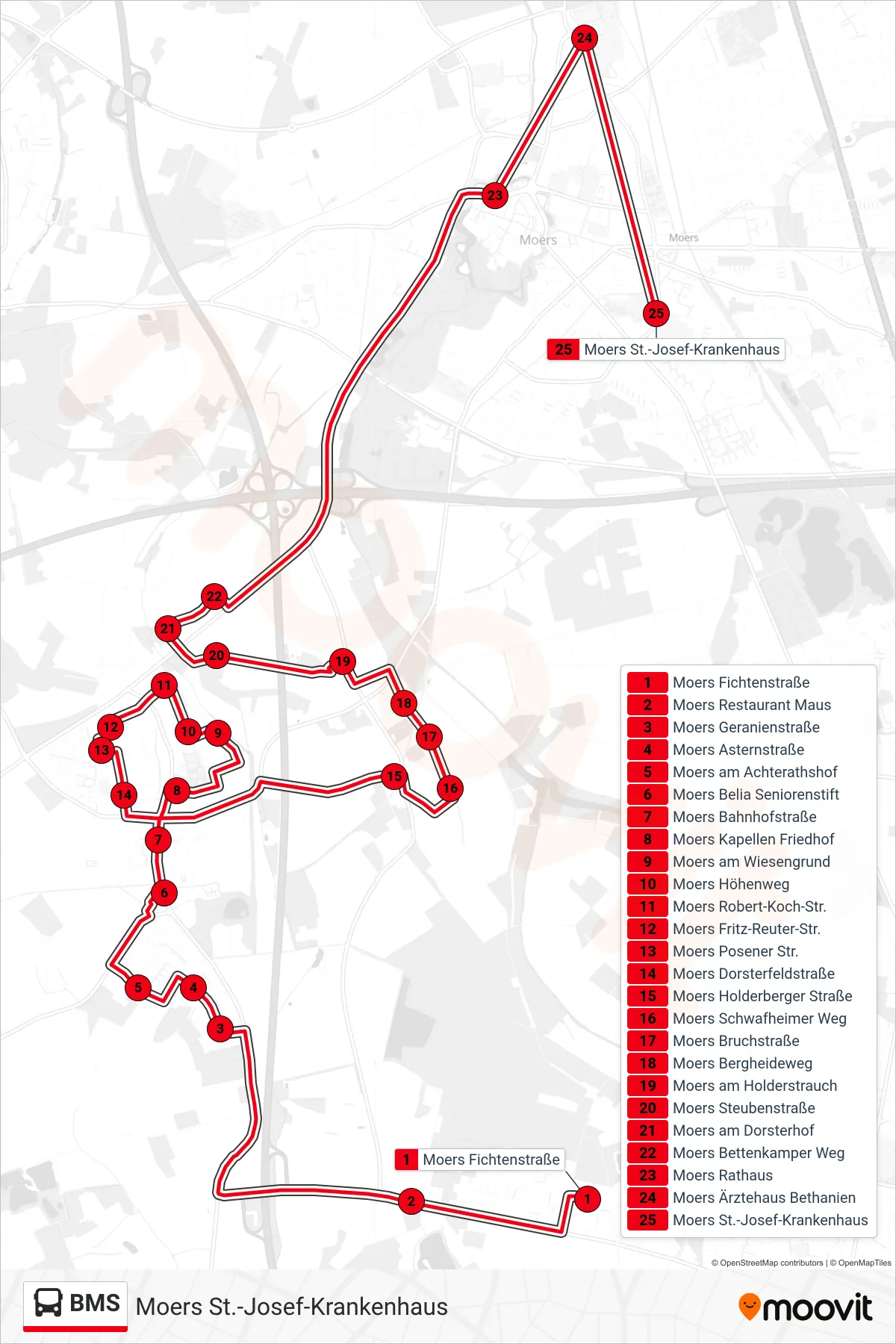 Linie BMS (Bus) Richtung Moers St.-Josef-Krankenhaus: Route und Haltestellen auf der Karte
