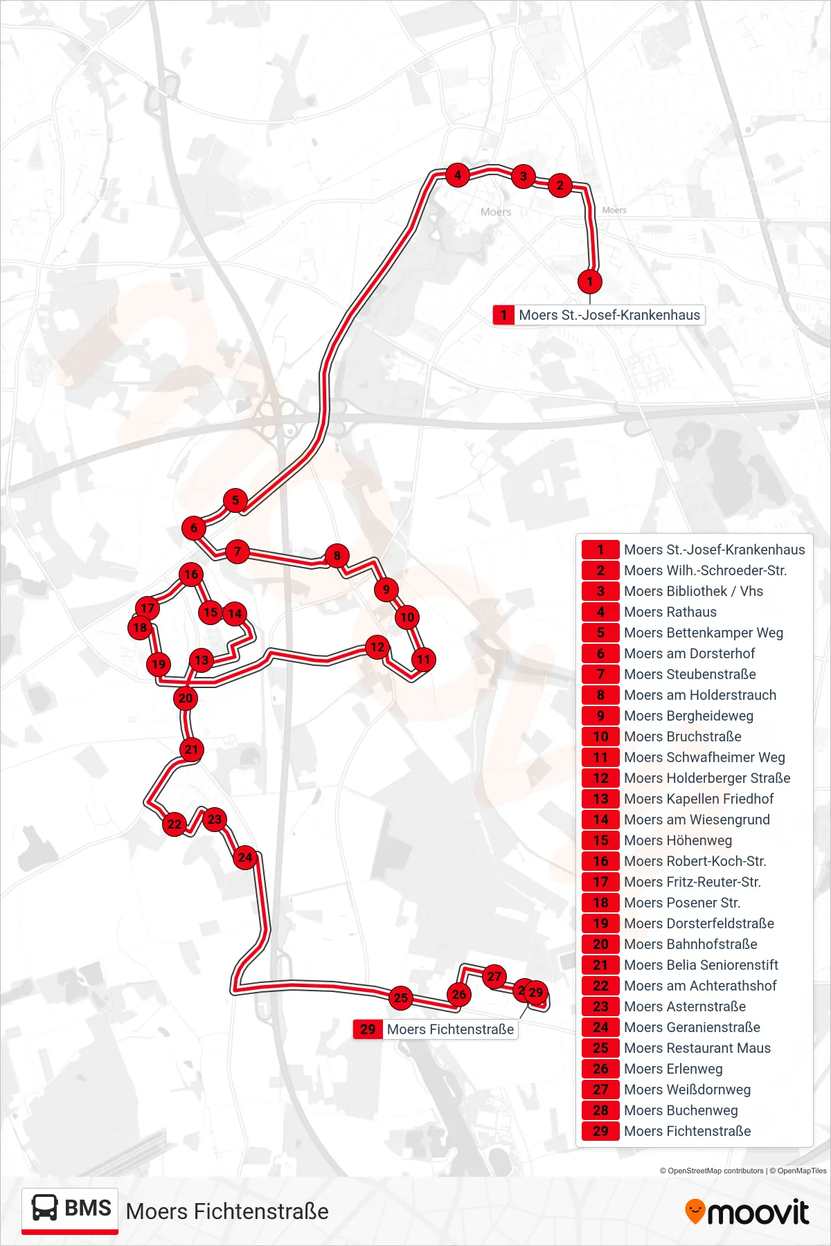 BMS bus Line (Moers Fichtenstraße) route and stops on a map