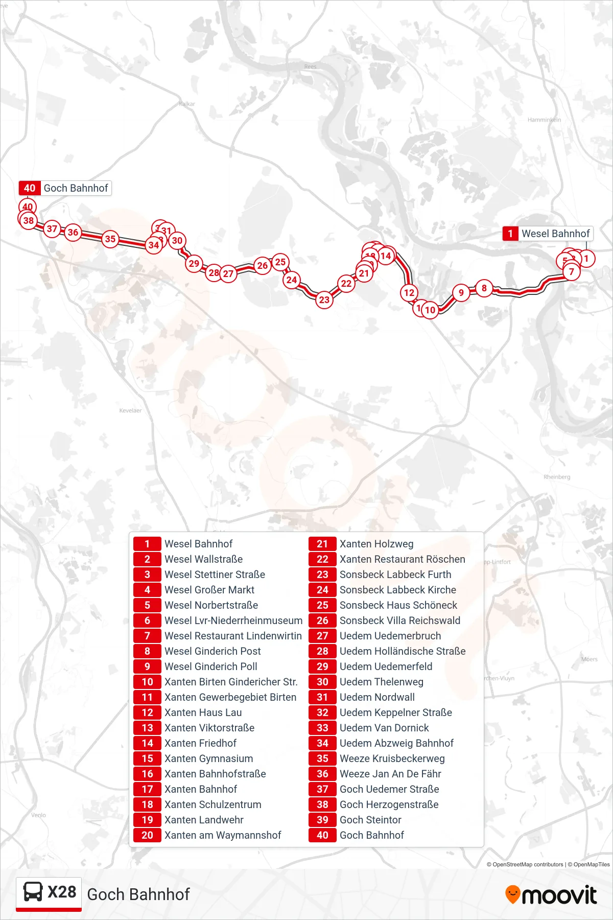 Linie X28 (Bus) Richtung Goch Bahnhof: Route und Haltestellen auf der Karte