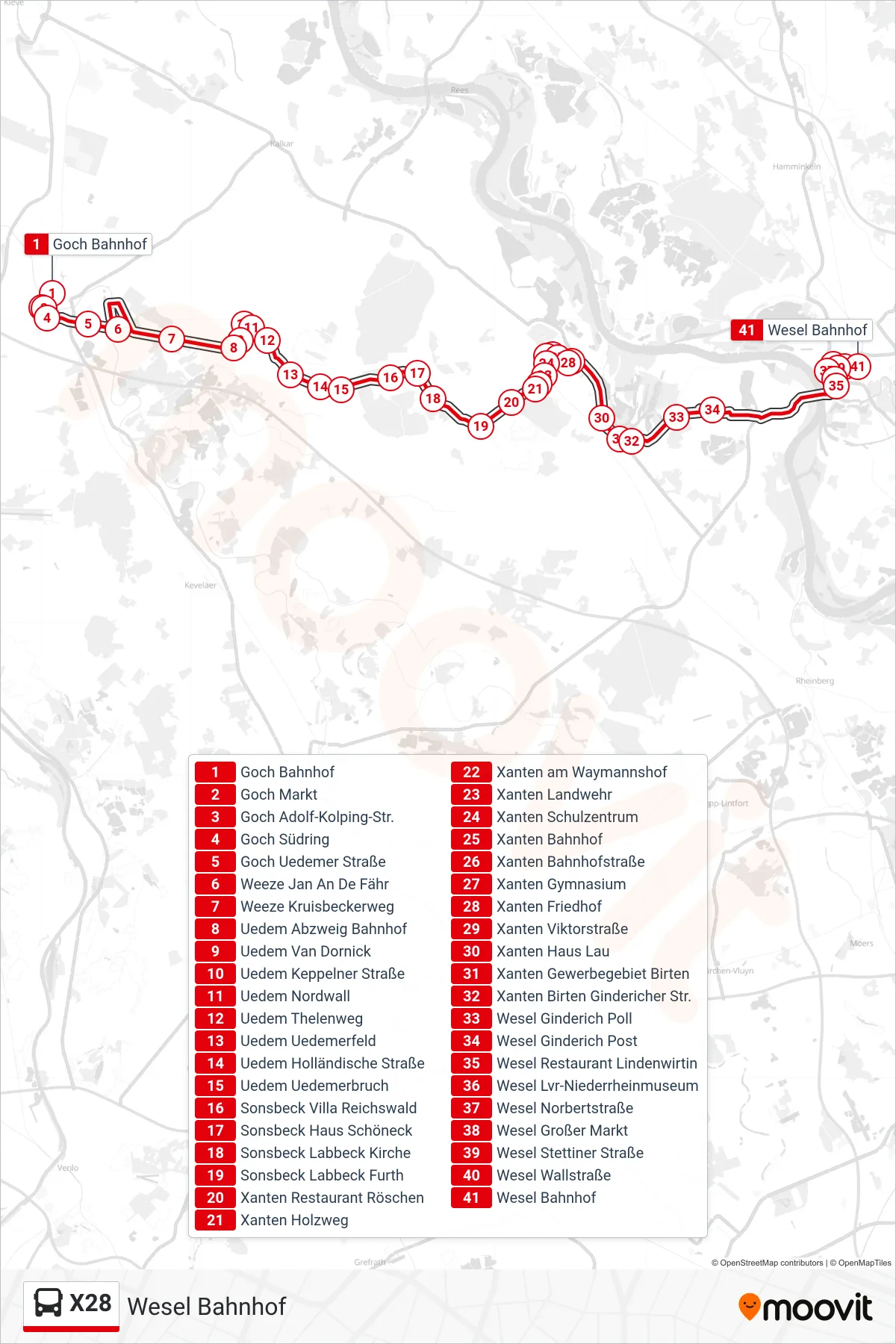 Linie X28 (Bus) Richtung Wesel Bahnhof: Route und Haltestellen auf der Karte