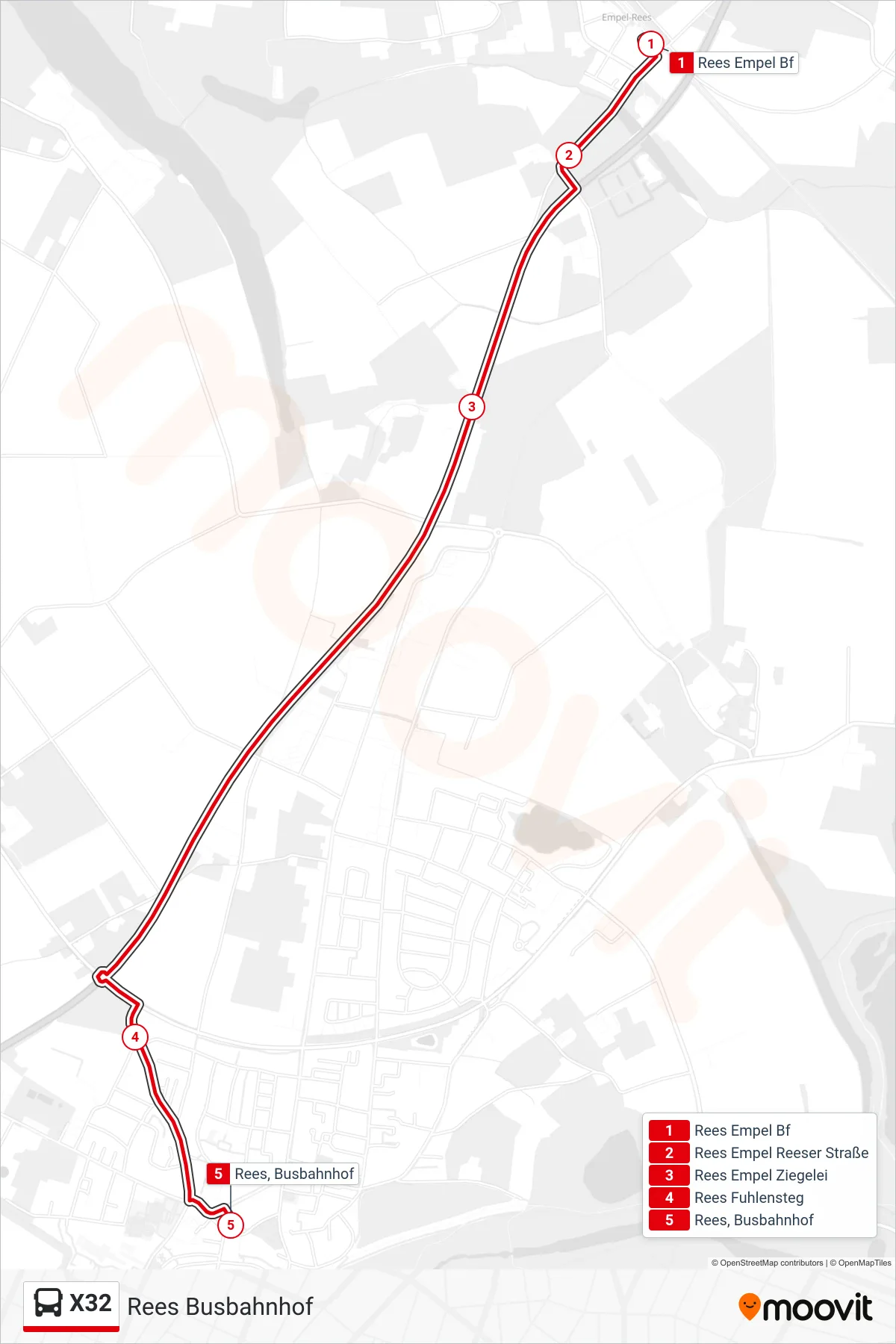 X32 bus Line (Rees Busbahnhof) route and stops on a map