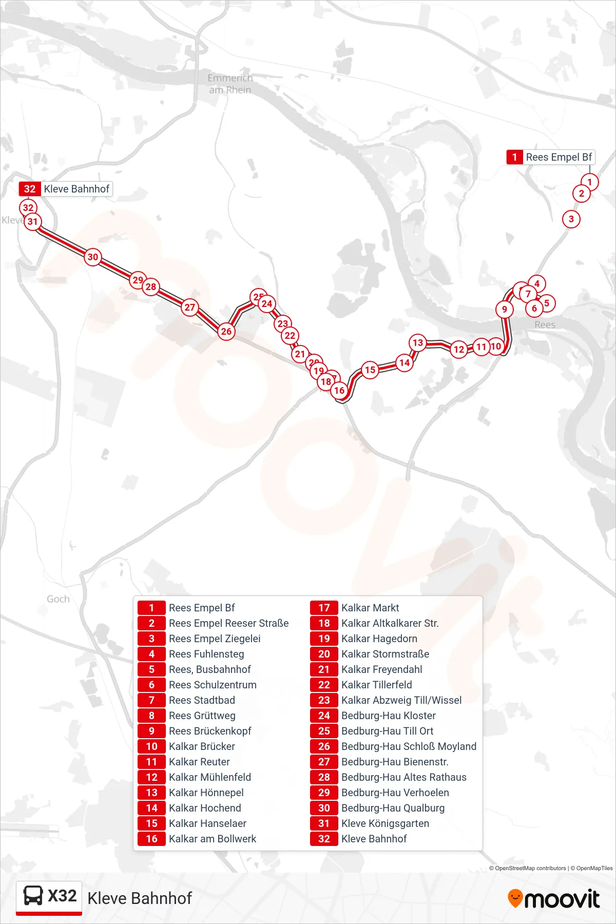 X32 bus Line (Kleve Bahnhof) route and stops on a map