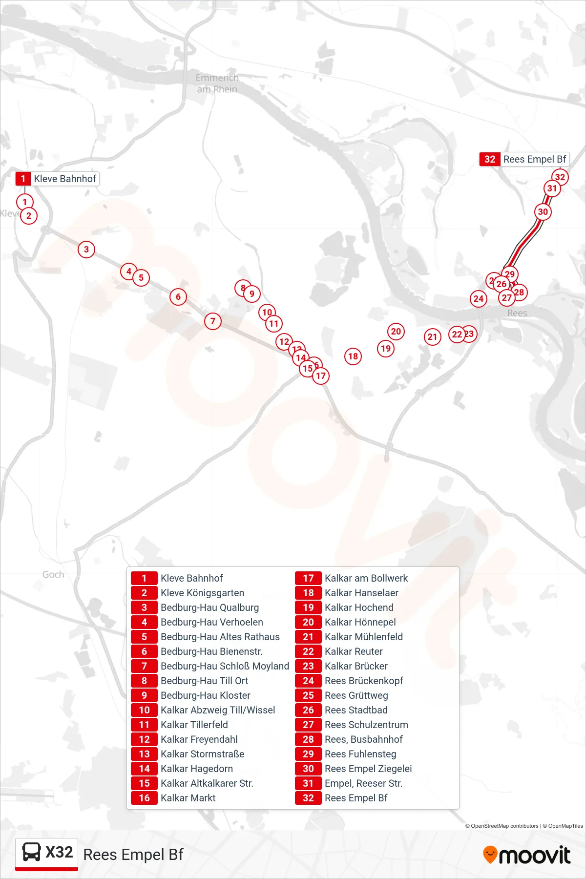 Linie X32 (Bus) Richtung Rees Empel Bf: Route und Haltestellen auf der Karte