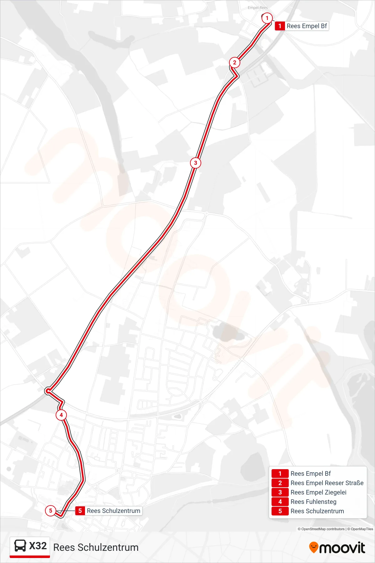 X32 bus Line (Rees Schulzentrum) route and stops on a map
