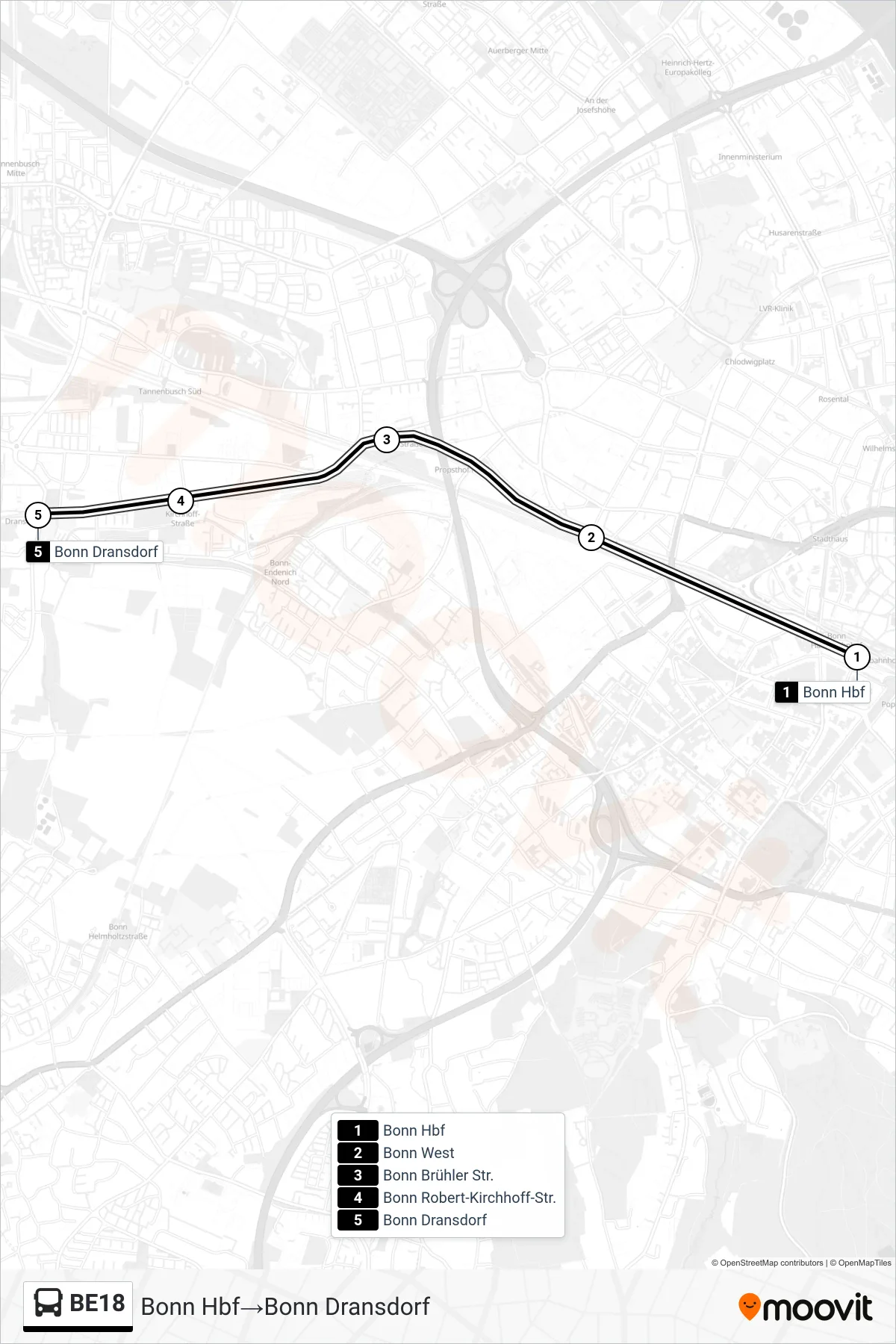 BE18 bus Line (Bonn Hbf‎→Bonn Dransdorf) route and stops on a map