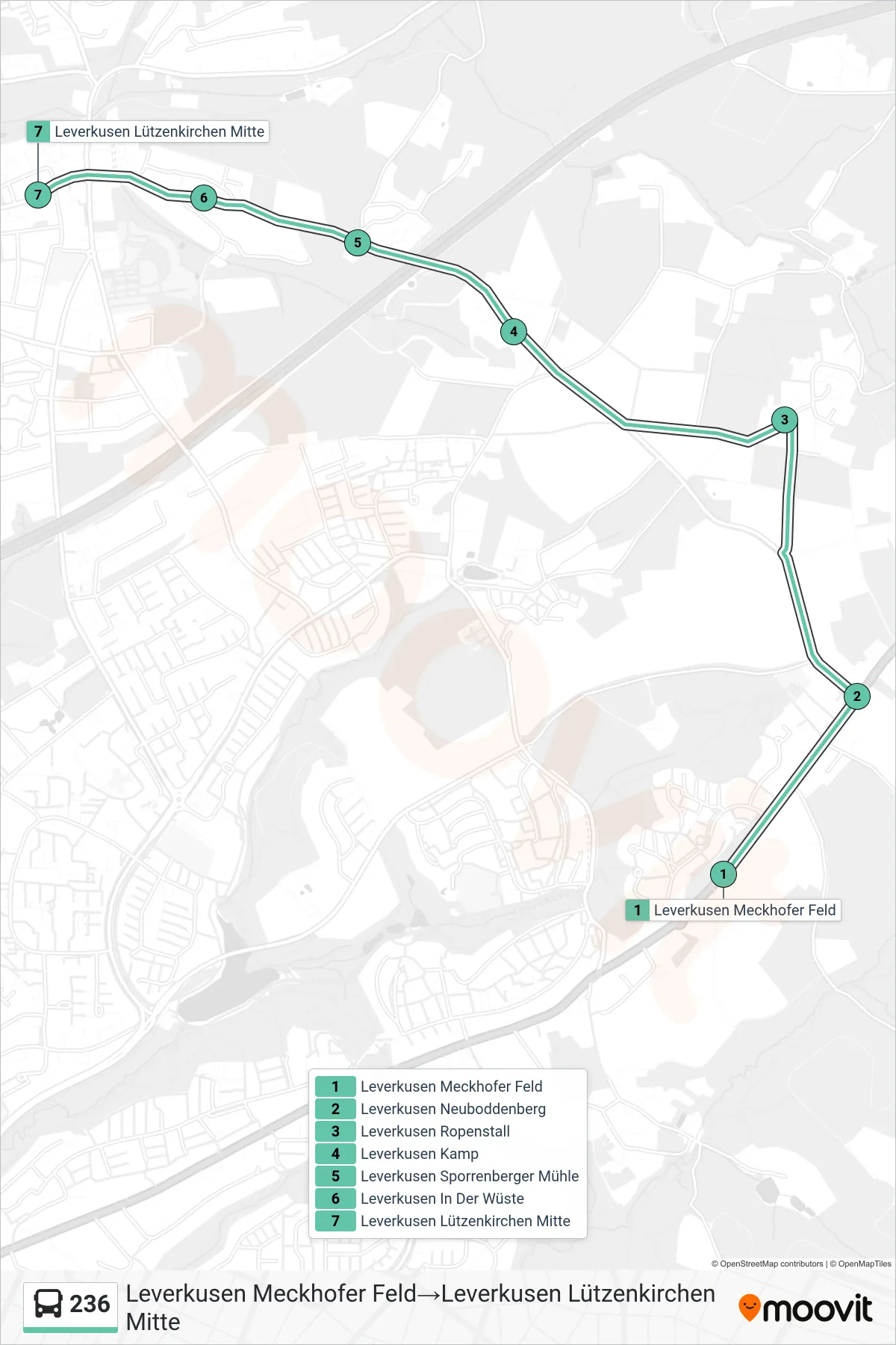 236 bus Line (Leverkusen Meckhofer Feld‎→Leverkusen Lützenkirchen Mitte) route and stops on a map