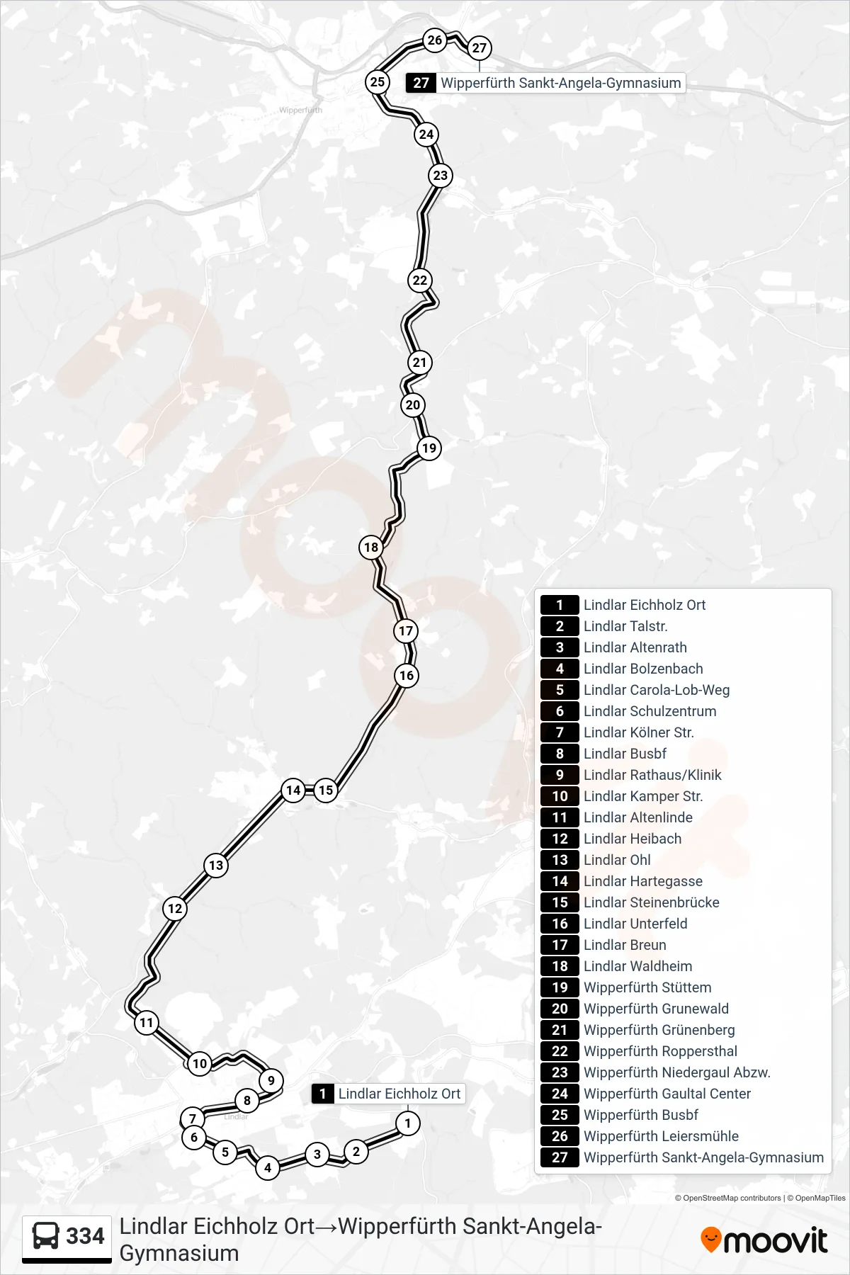 Linie 334 (Bus) Richtung Lindlar Eichholz Ort→Wipperfürth Sankt-Angela-Gymnasium: Route und Haltestellen auf der Karte